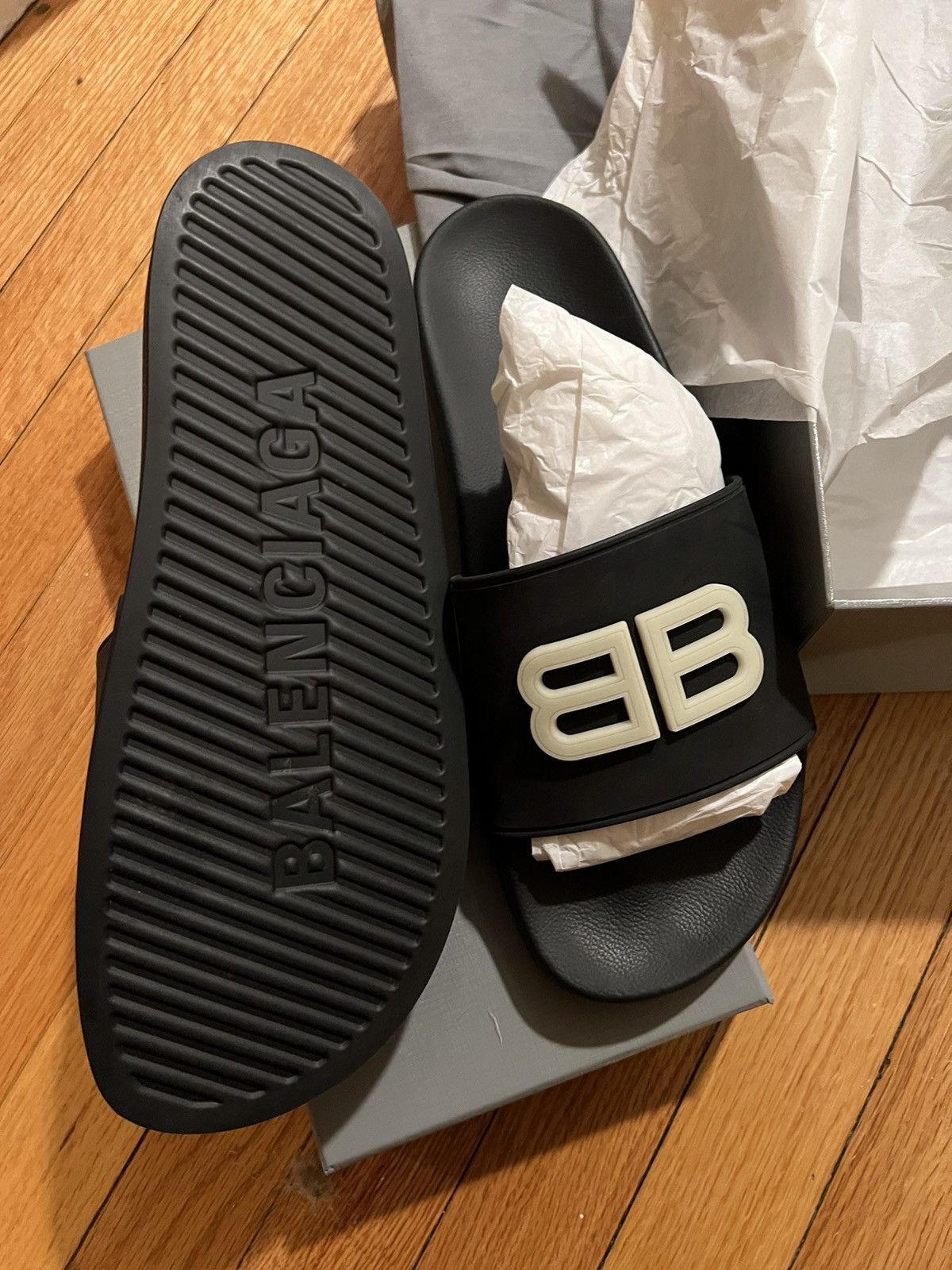 Balenciaga Balenciaga glow-in-the-dark BB logo slides | Grailed