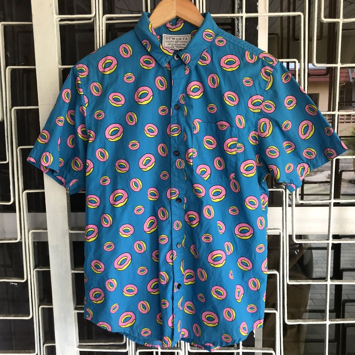image of Vintage Odd Future Donuts Shirt Buttons Up in Blue Sea Pink, Men's (Size Medium)