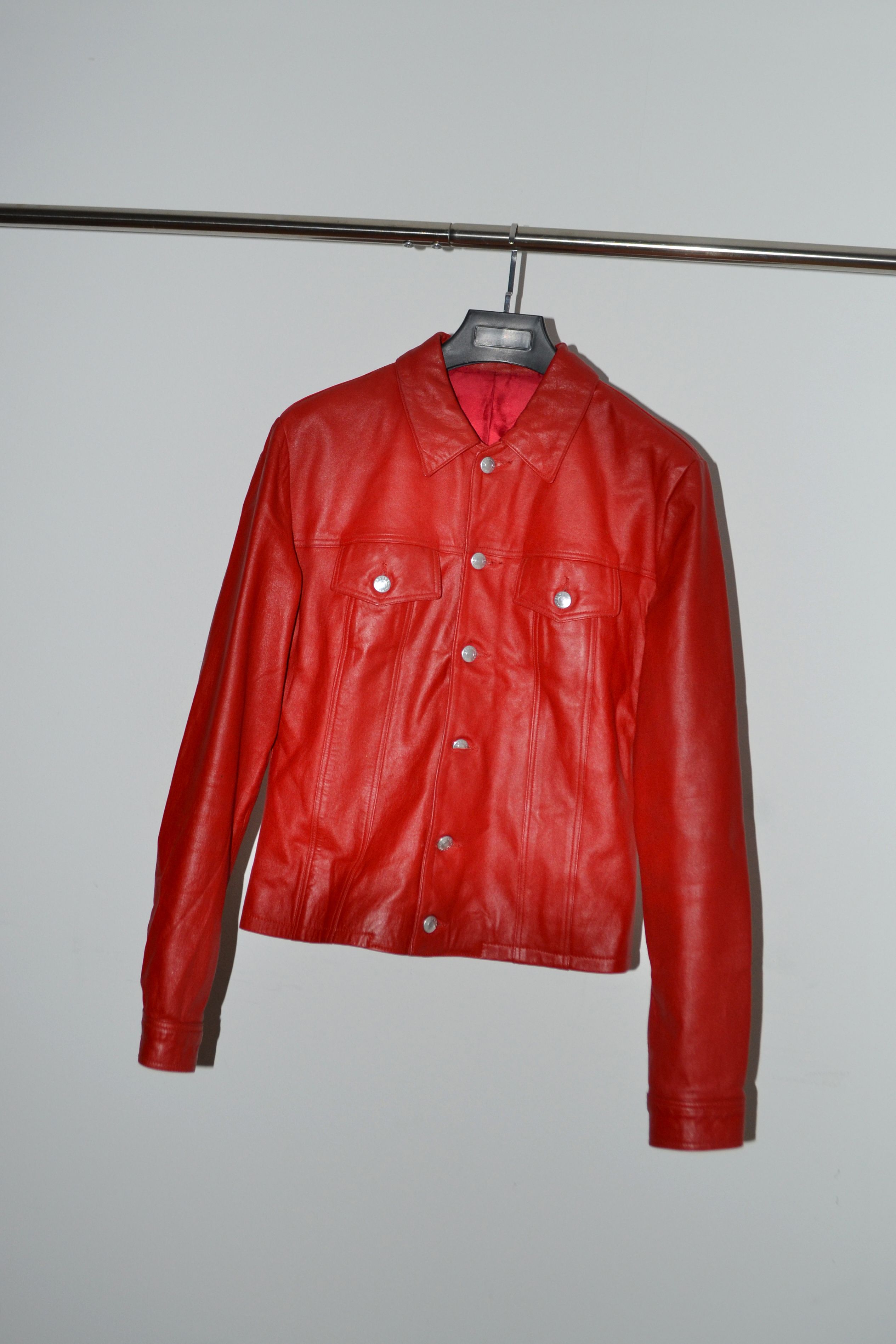 Pre-owned Helmut Lang Ss1997 Hemless Prototype Leather Trucker Jacket In Red