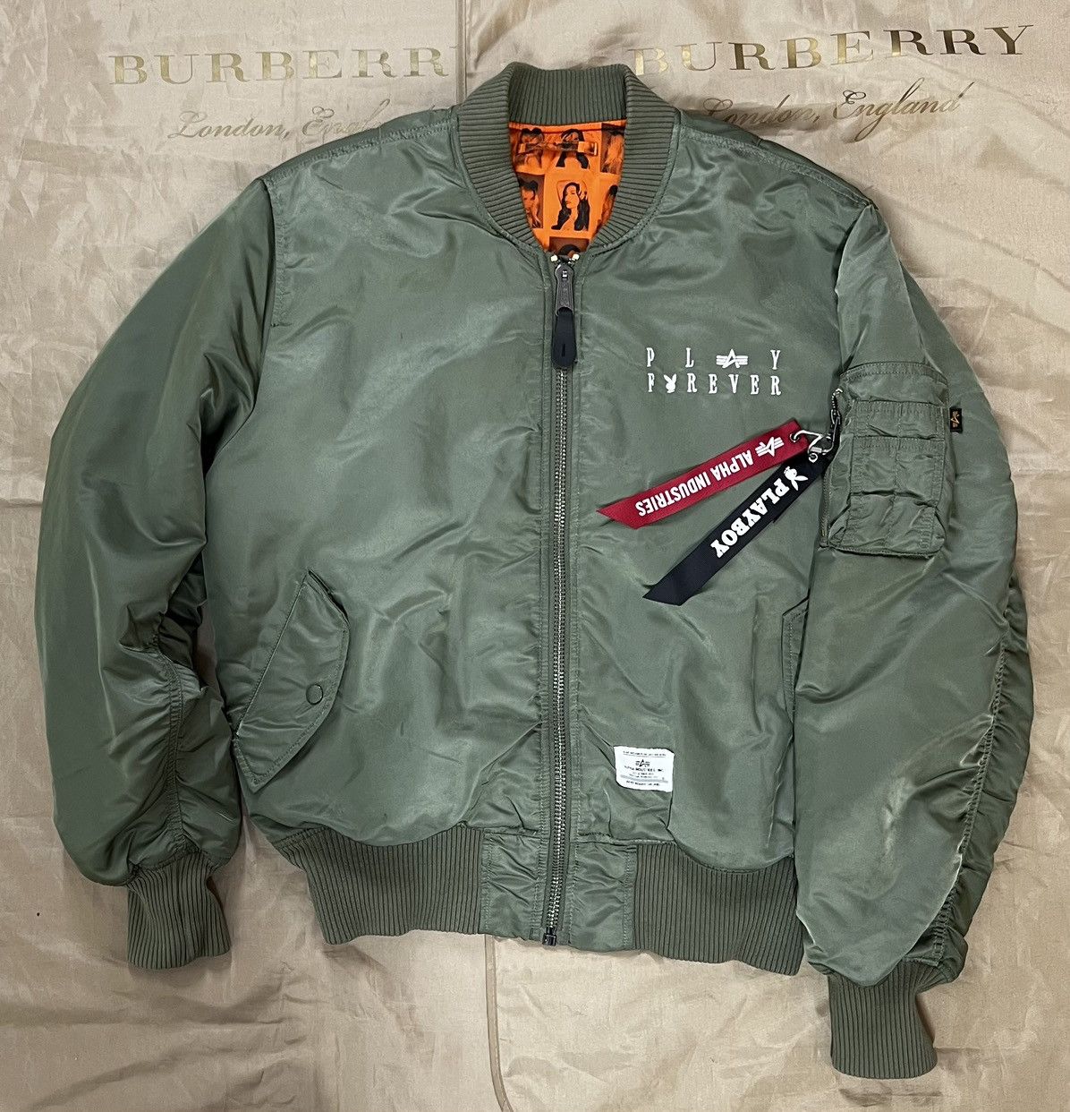 image of Playboy X Alpha Industries Reversible Ma-1 Flight Size L in Green, Men's