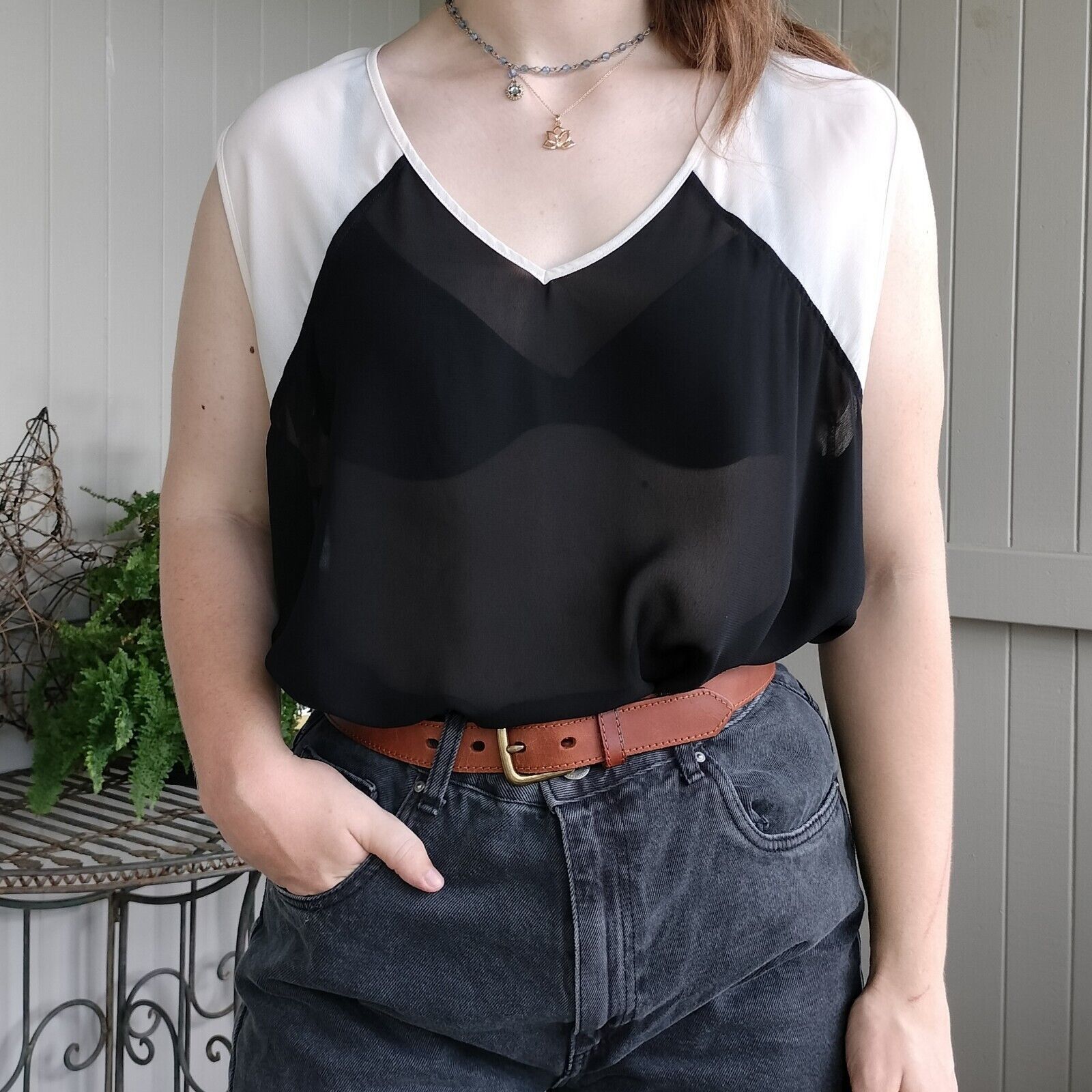 Designer × French Connection French Connection Size L 14 Singlet Top Black White Contrast Size L / US 10 / IT 46 - 1 Thumbnail