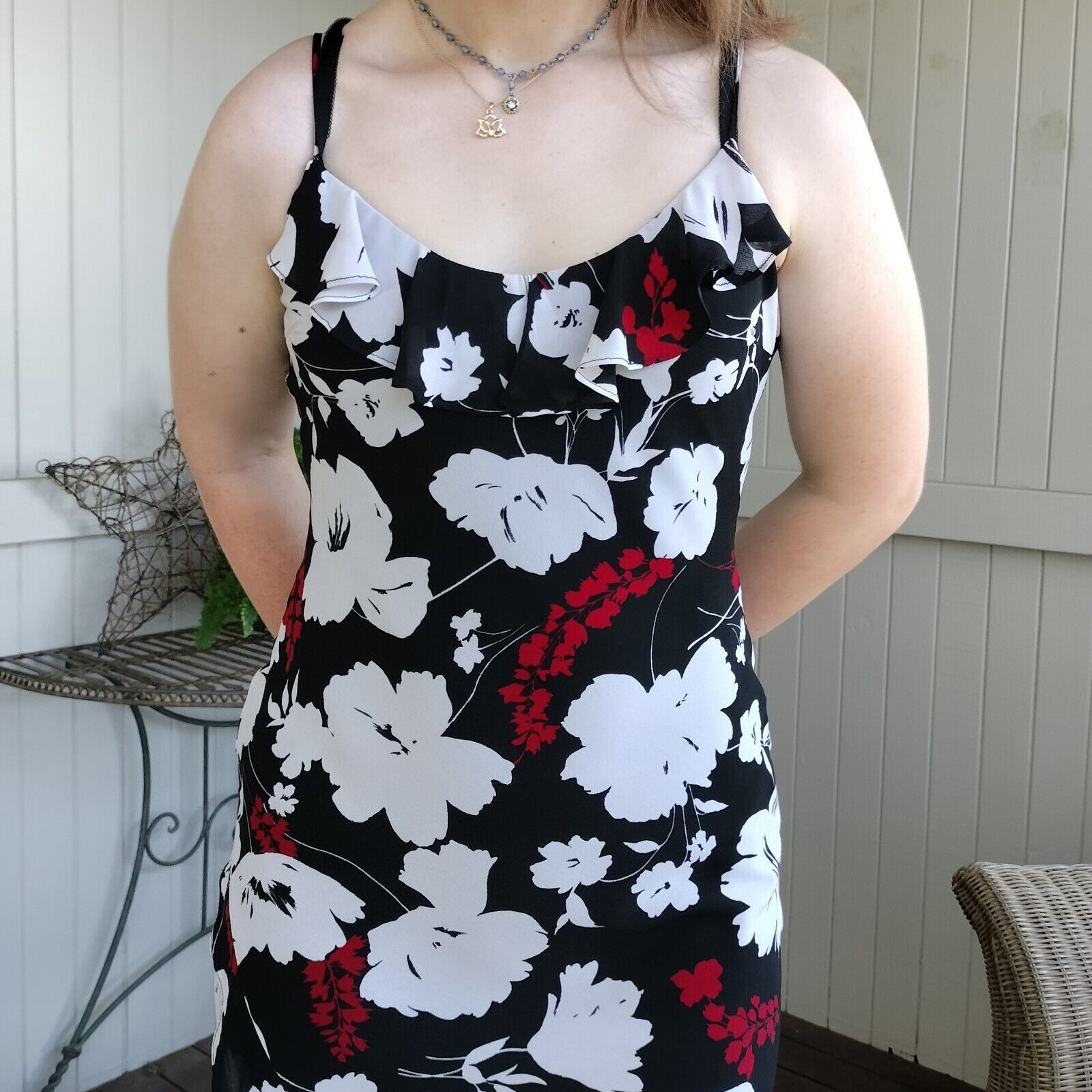Designer × Vintage Vintage 90s Y2K Size 10 Dress Black White Floral Slip Midi Size M / US 6-8 / IT 42-44 - 4 Thumbnail