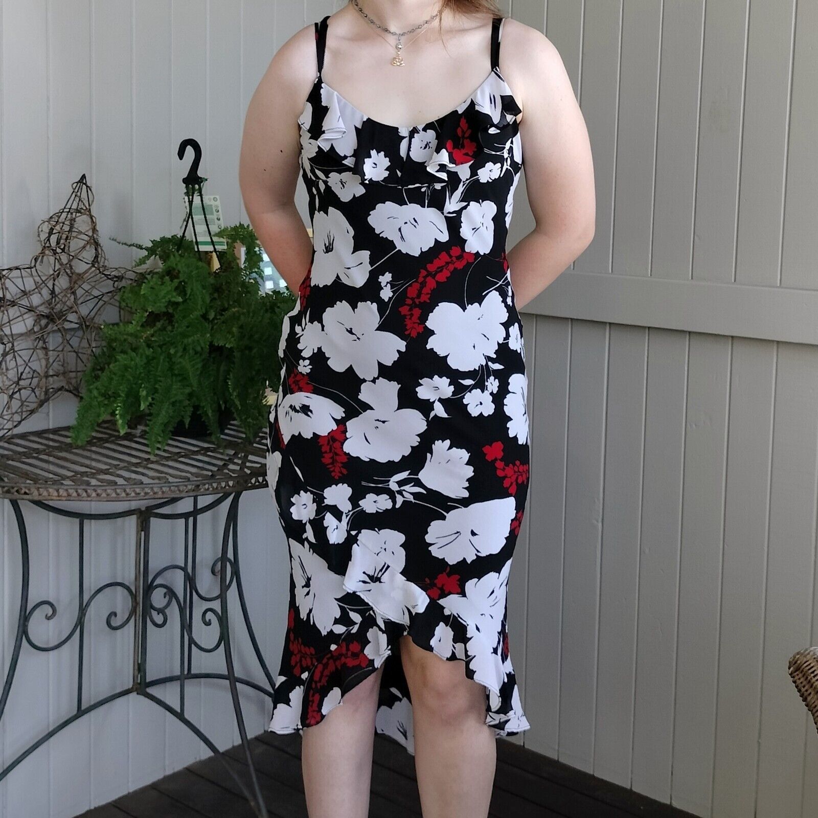Designer × Vintage Vintage 90s Y2K Size 10 Dress Black White Floral Slip Midi Size M / US 6-8 / IT 42-44 - 2 Thumbnail