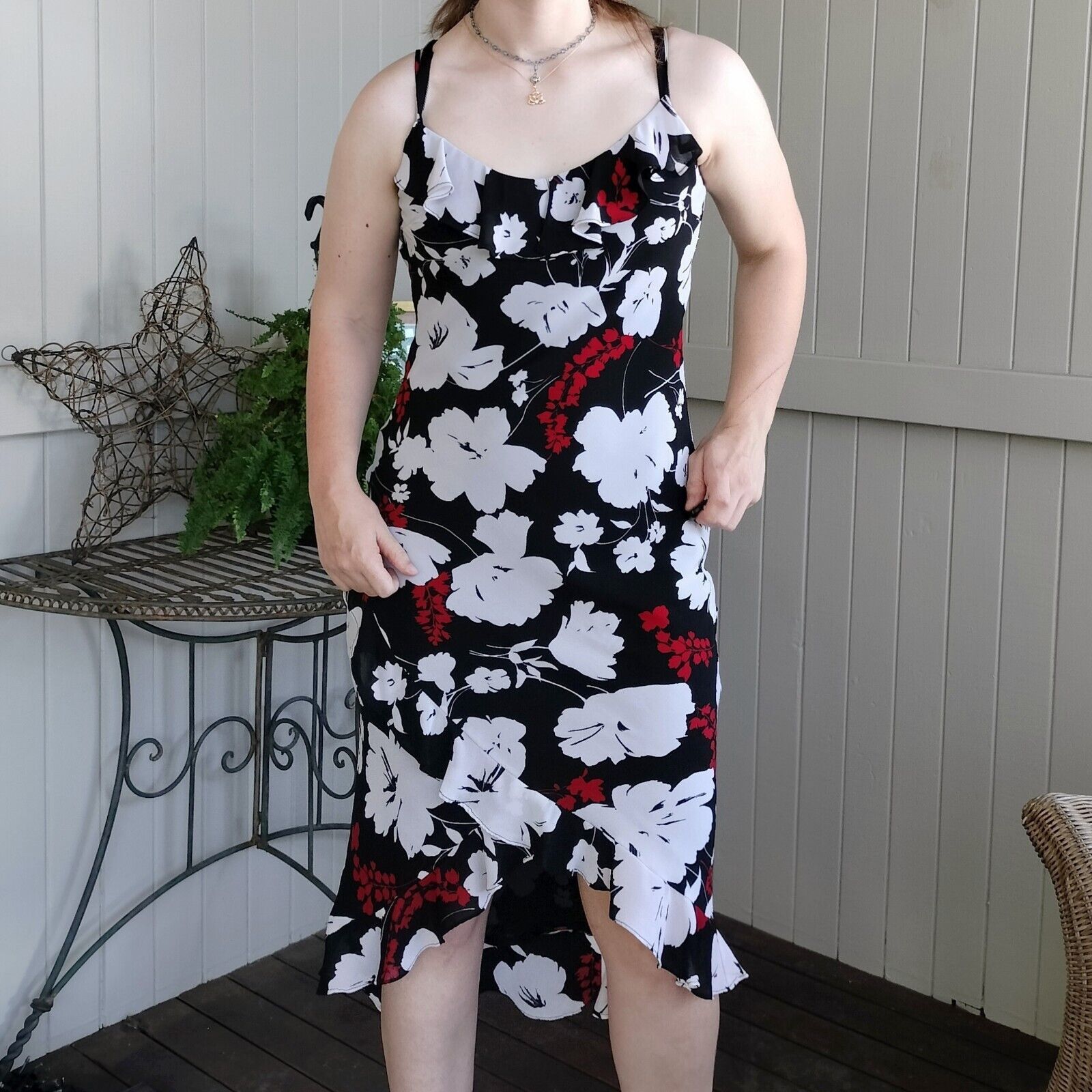 Designer × Vintage Vintage 90s Y2K Size 10 Dress Black White Floral Slip Midi Size M / US 6-8 / IT 42-44 - 1 Thumbnail