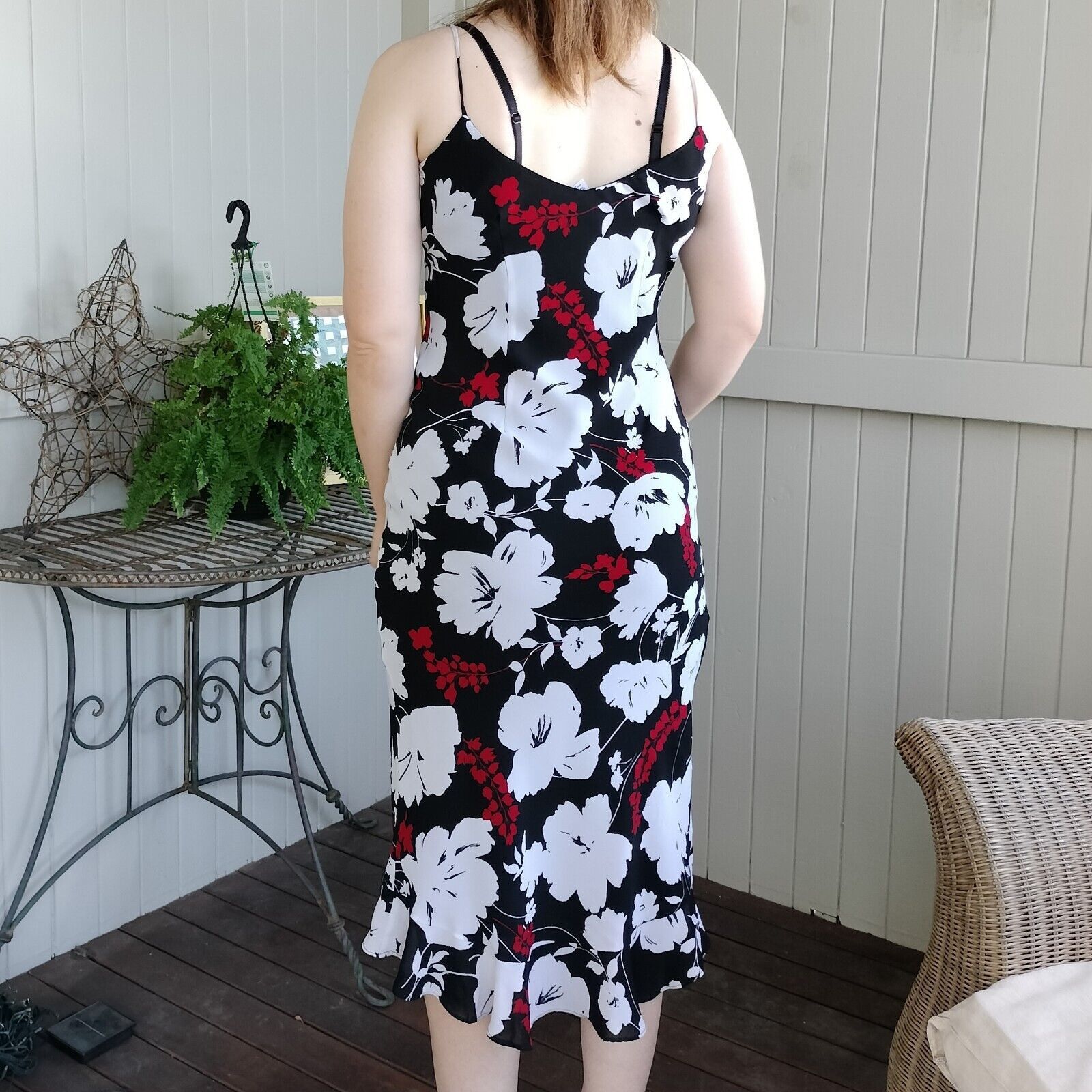 Designer × Vintage Vintage 90s Y2K Size 10 Dress Black White Floral Slip Midi Size M / US 6-8 / IT 42-44 - 5 Thumbnail