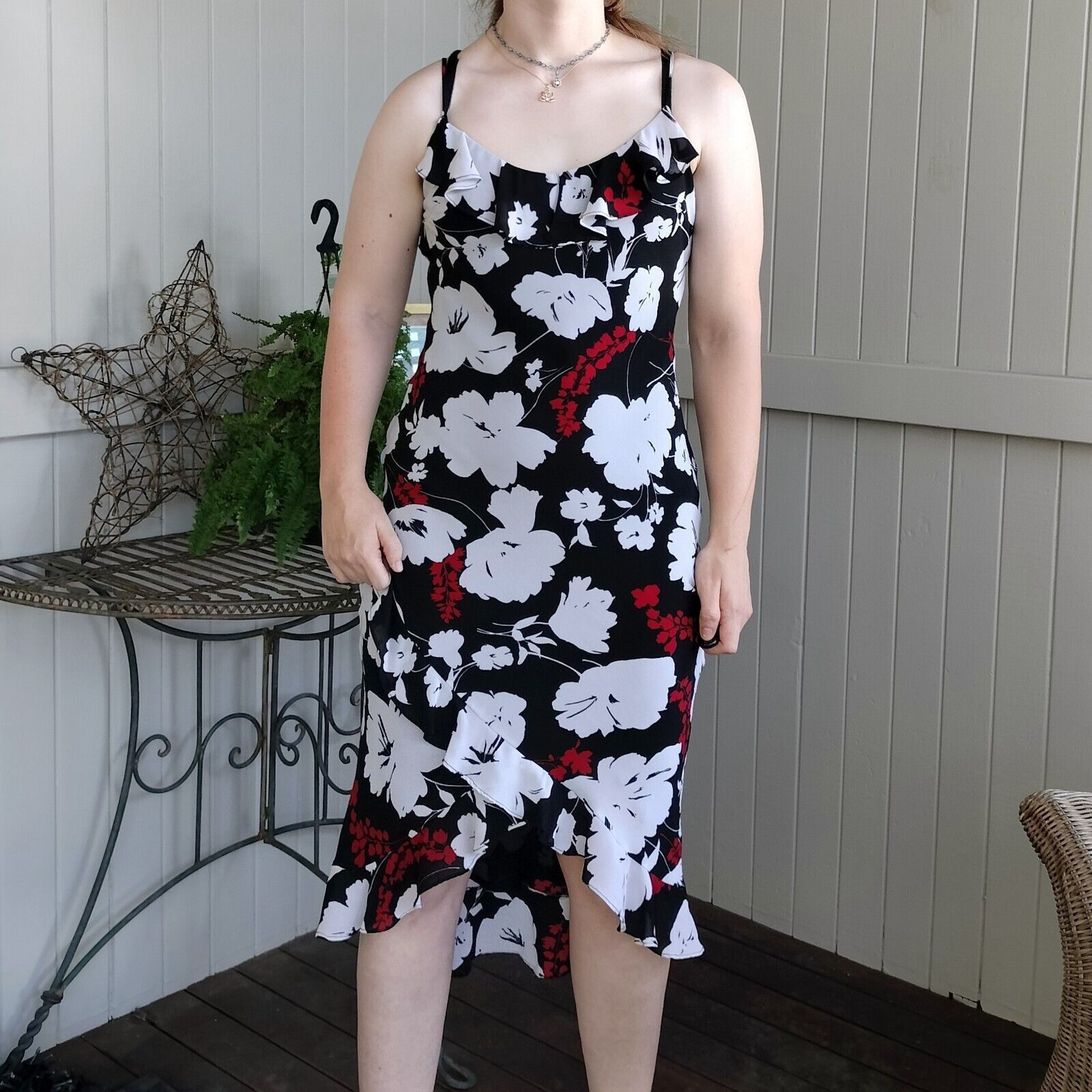 Designer × Vintage Vintage 90s Y2K Size 10 Dress Black White Floral Slip Midi Size M / US 6-8 / IT 42-44 - 3 Thumbnail