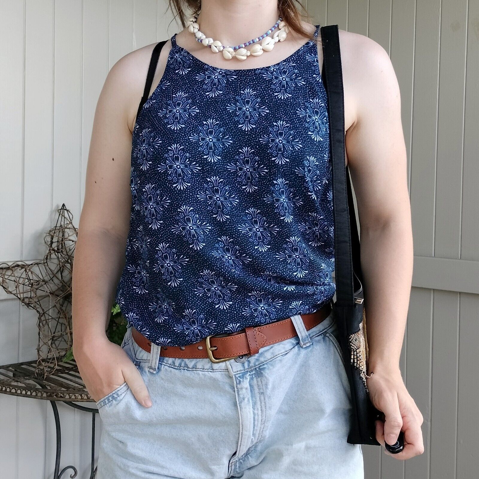 Cotton On Cotton On Top Blue Floral Halter Singlet Sleeveless Size L / US 10 / IT 46 - 1 Thumbnail
