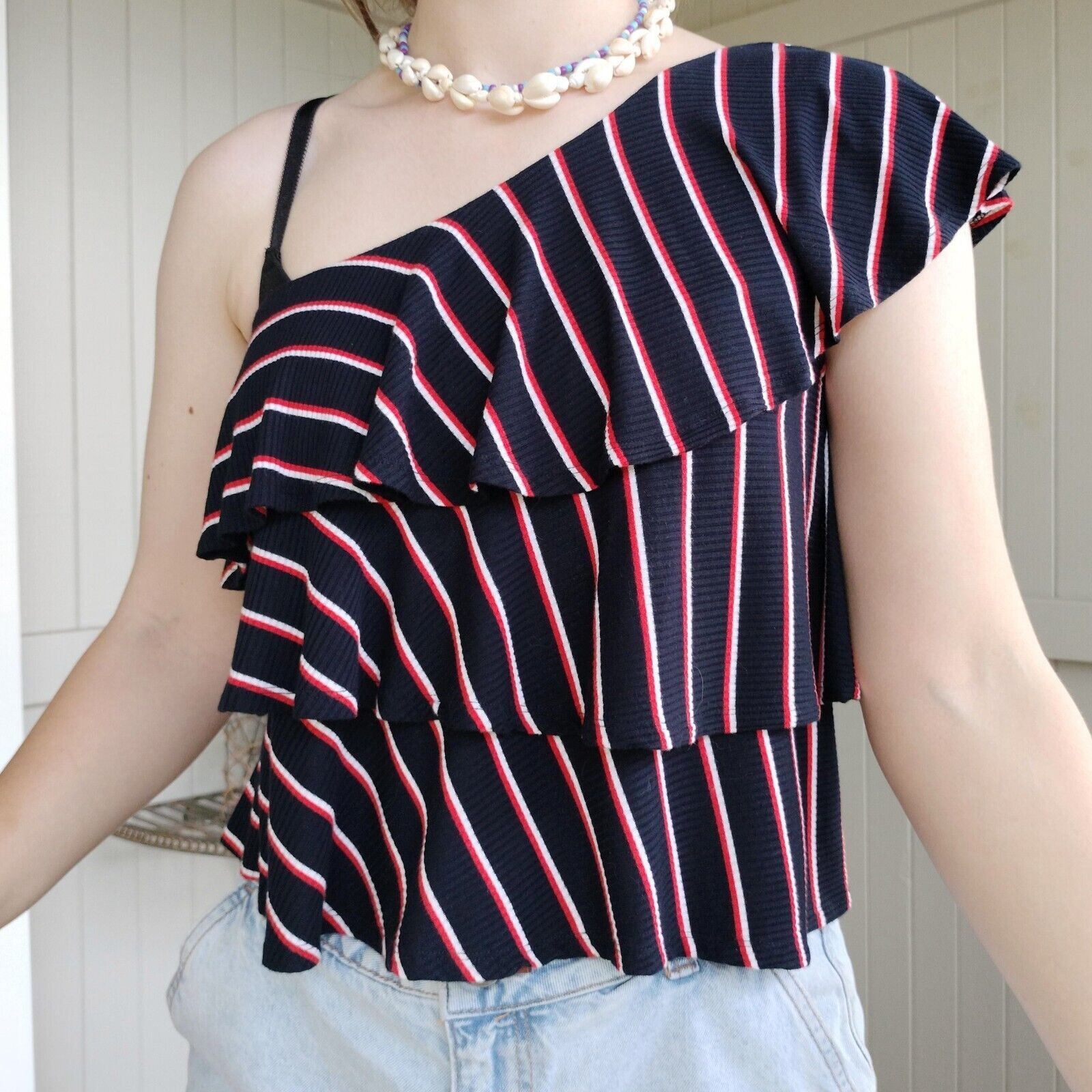 Designer Seed Heritage Top Navy Red One Shoulder Striped Ruffle Size M / US 6-8 / IT 42-44 - 3 Thumbnail