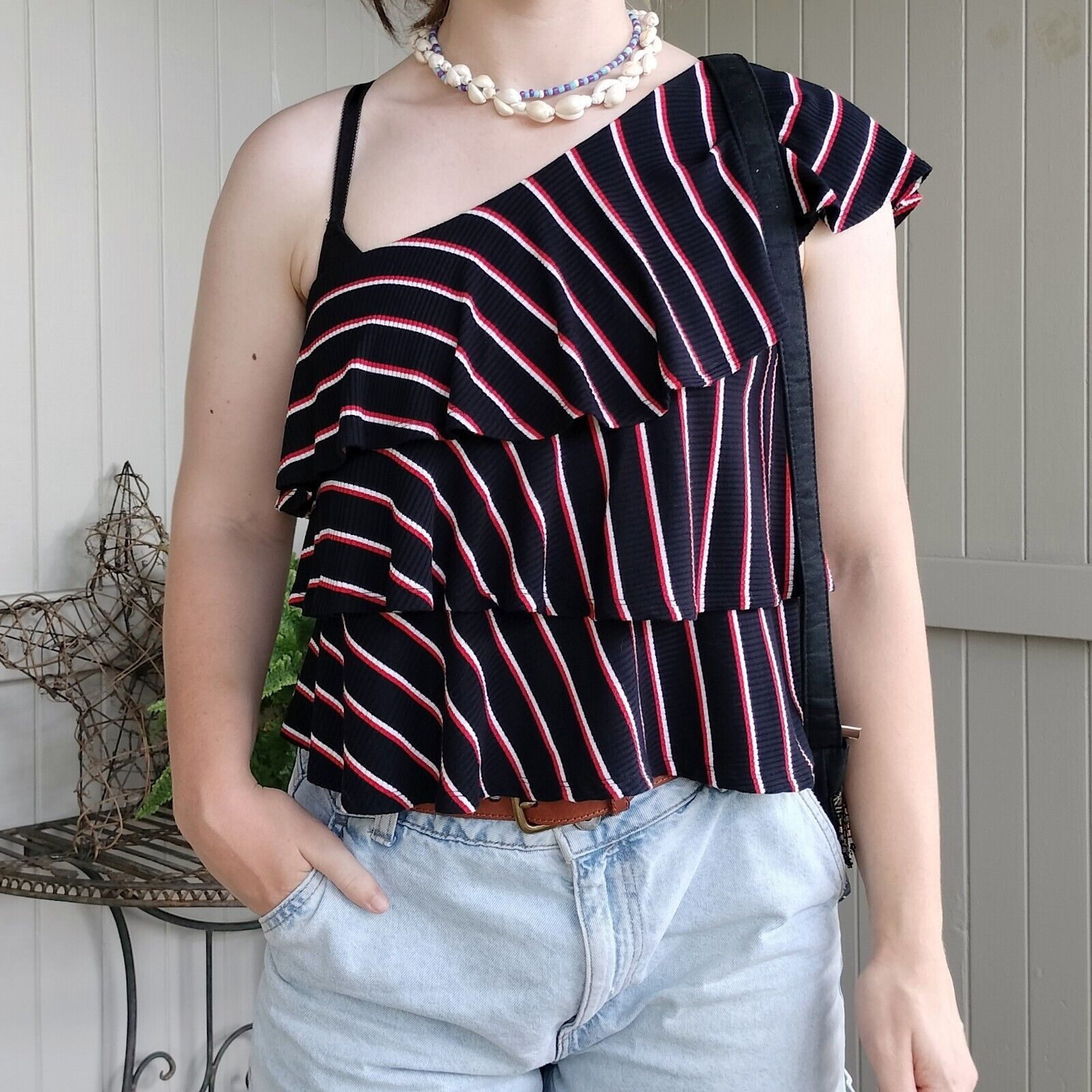 Designer Seed Heritage Top Navy Red One Shoulder Striped Ruffle Size M / US 6-8 / IT 42-44 - 1 Thumbnail