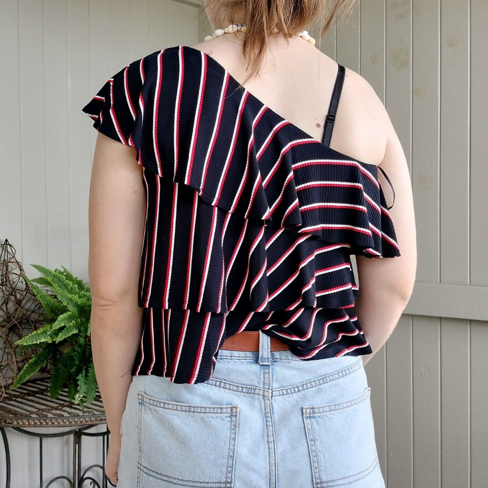 Designer Seed Heritage Top Navy Red One Shoulder Striped Ruffle Size M / US 6-8 / IT 42-44 - 2 Thumbnail