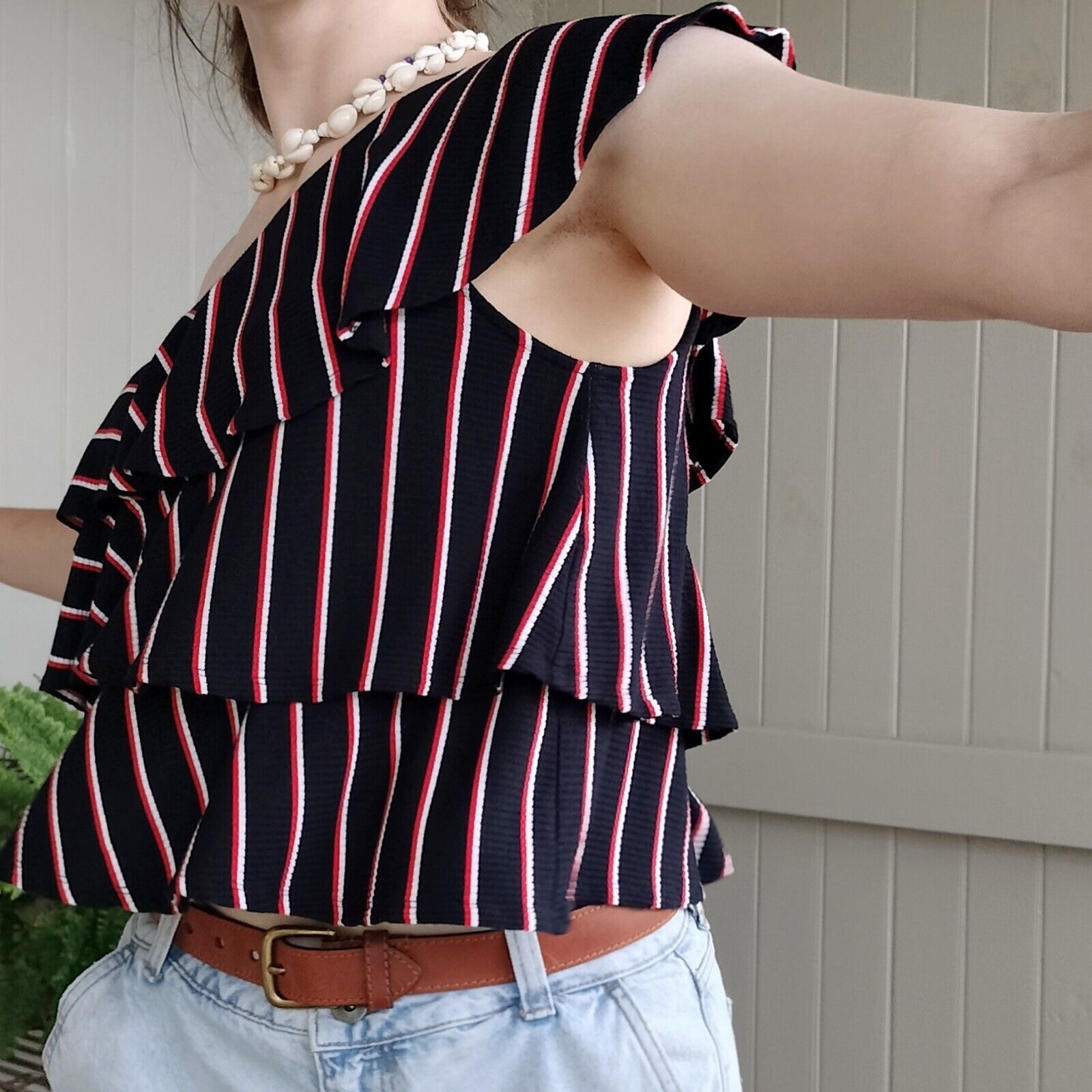Designer Seed Heritage Top Navy Red One Shoulder Striped Ruffle Size M / US 6-8 / IT 42-44 - 4 Thumbnail