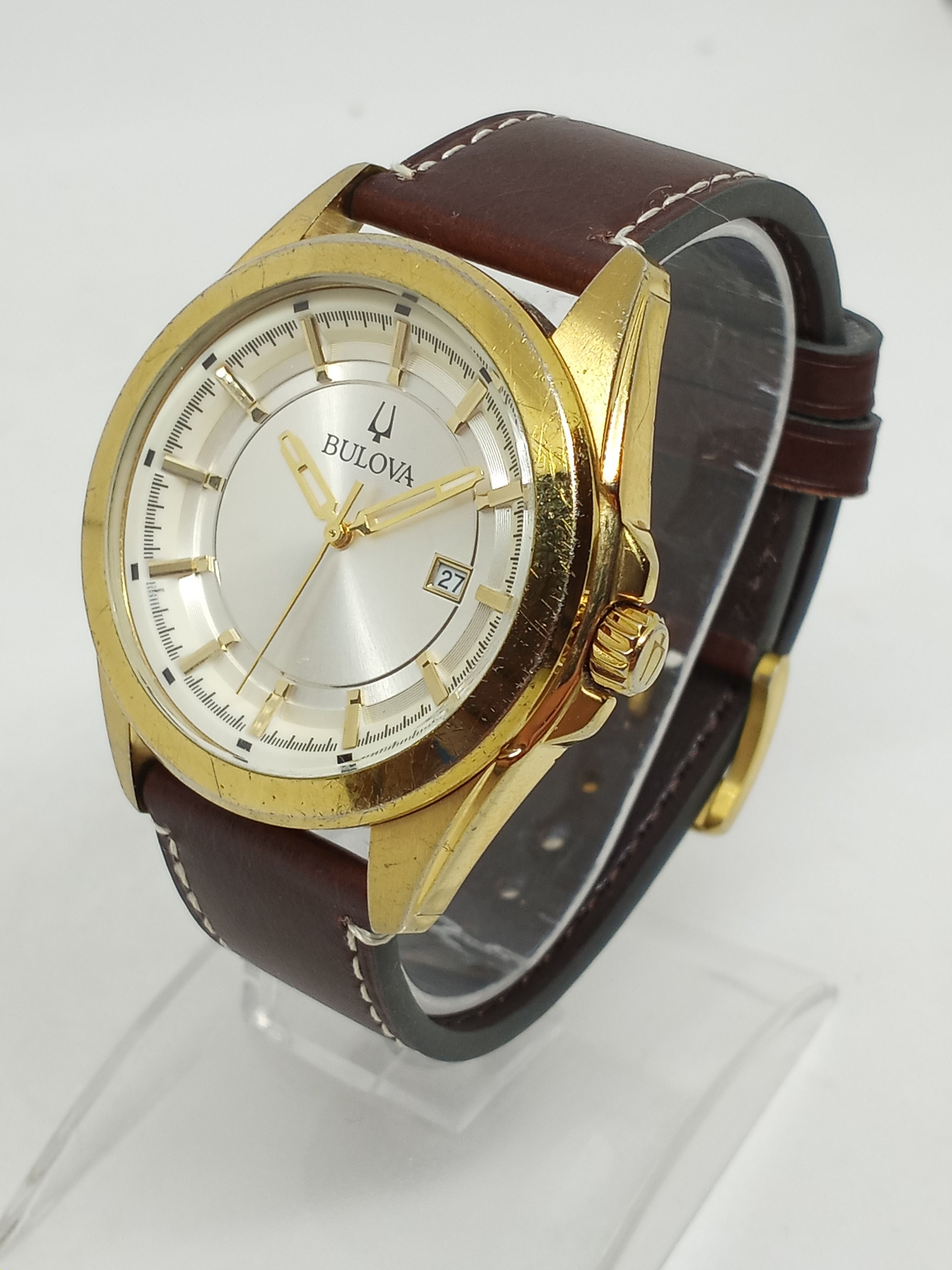 Bulova Bulova 97B185 Men s 42mm Gold S Steel Leather Strap Watch Grailed