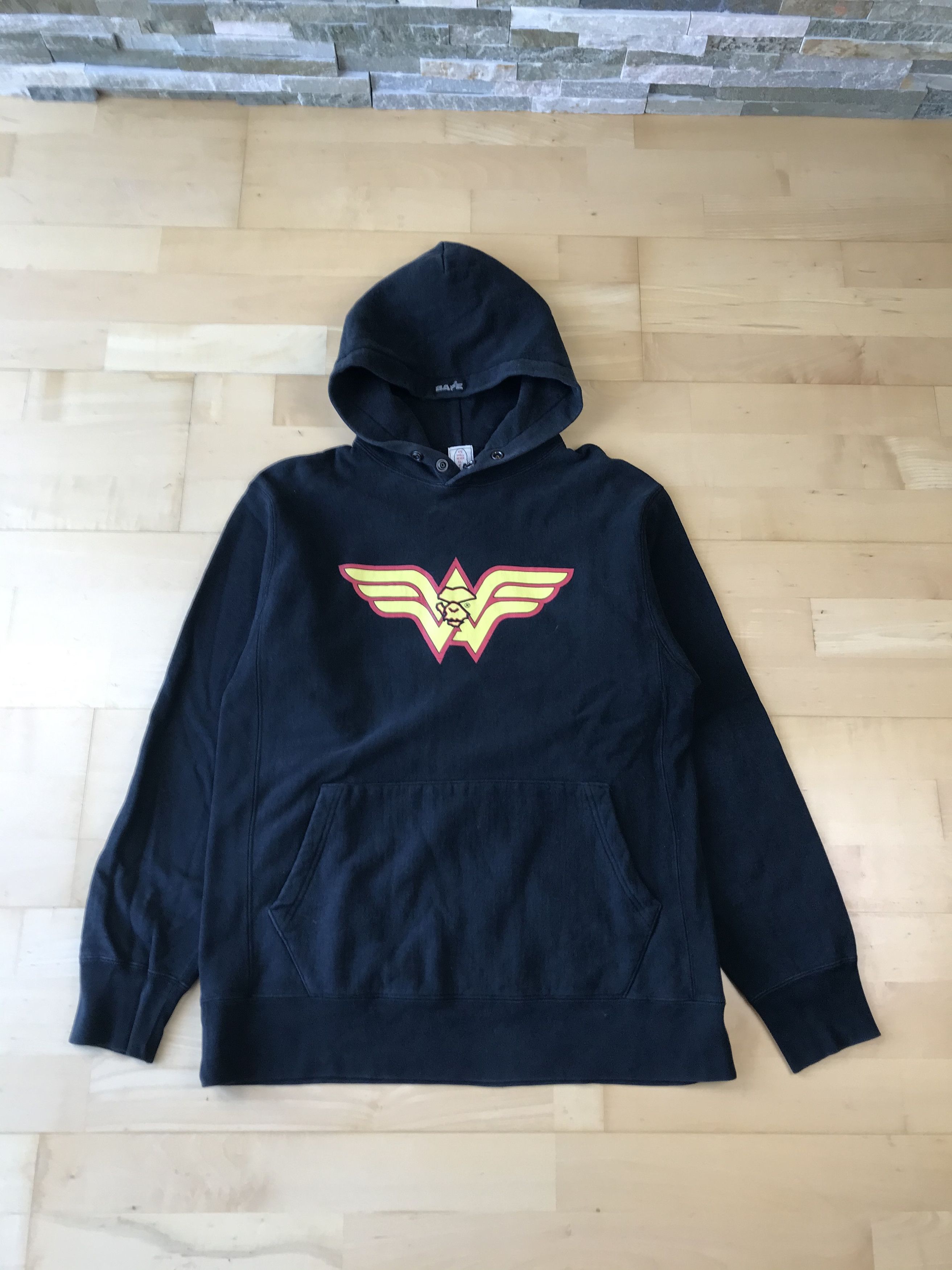 image of Bape Wonderwoman "w" Ape Logo Hoodie in Black, Men's (Size Medium)