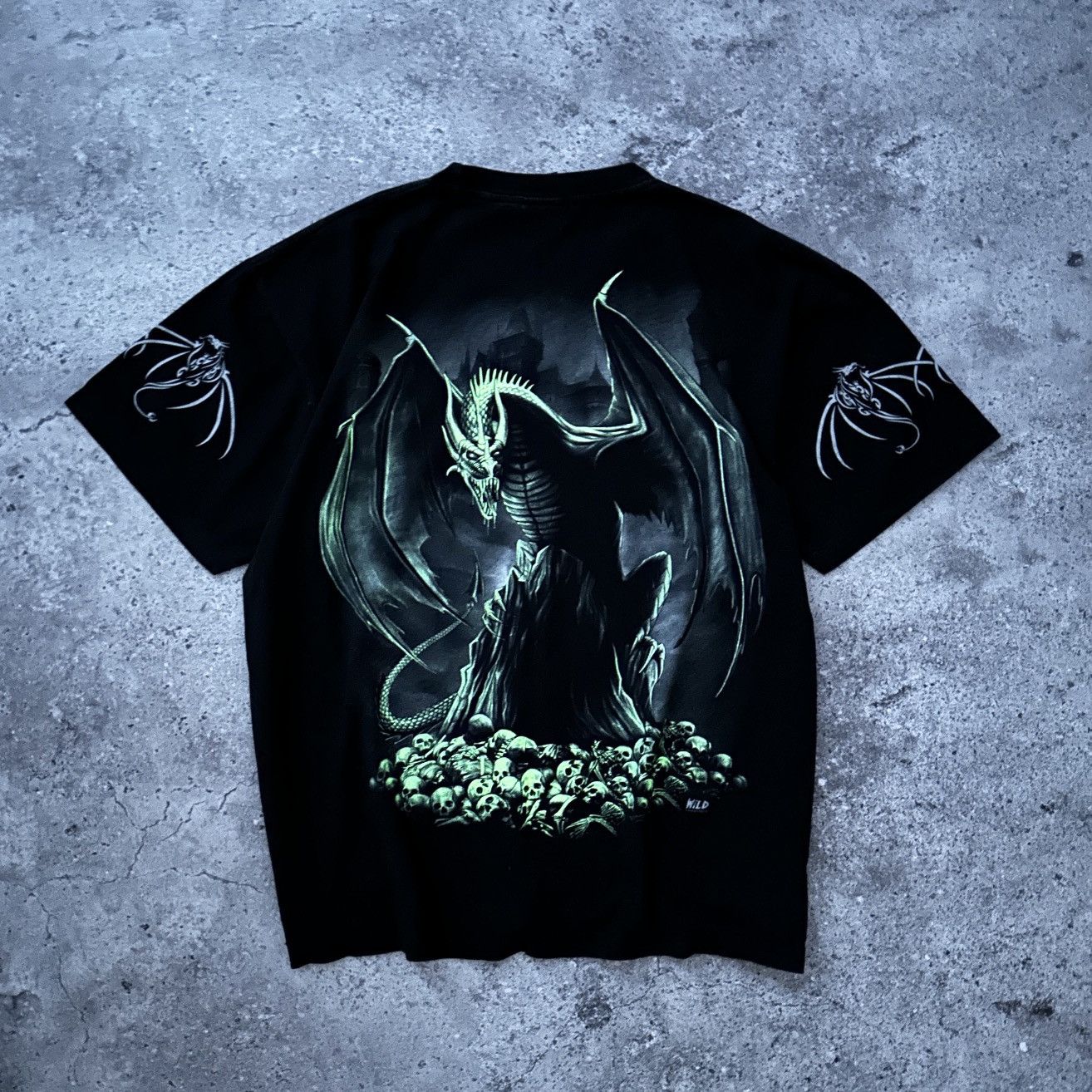 Vintage Vintage 90s AOP Dragon Glow in the Dark Bootleg tee Skulls Size US XL / EU 56 / 4 - 1 Thumbnail