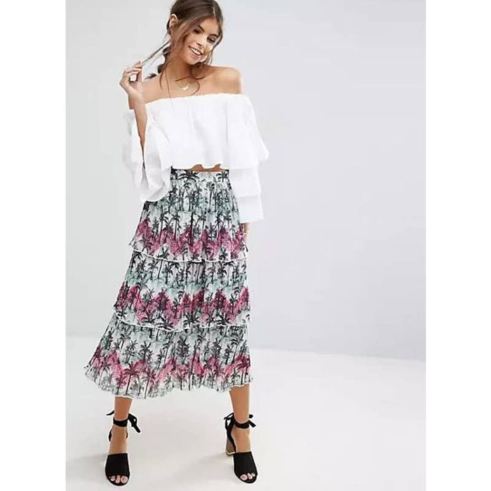 Asos Asos Pleated Midi Skirt With Tiers In Palm Print Size 6 Grailed 7281