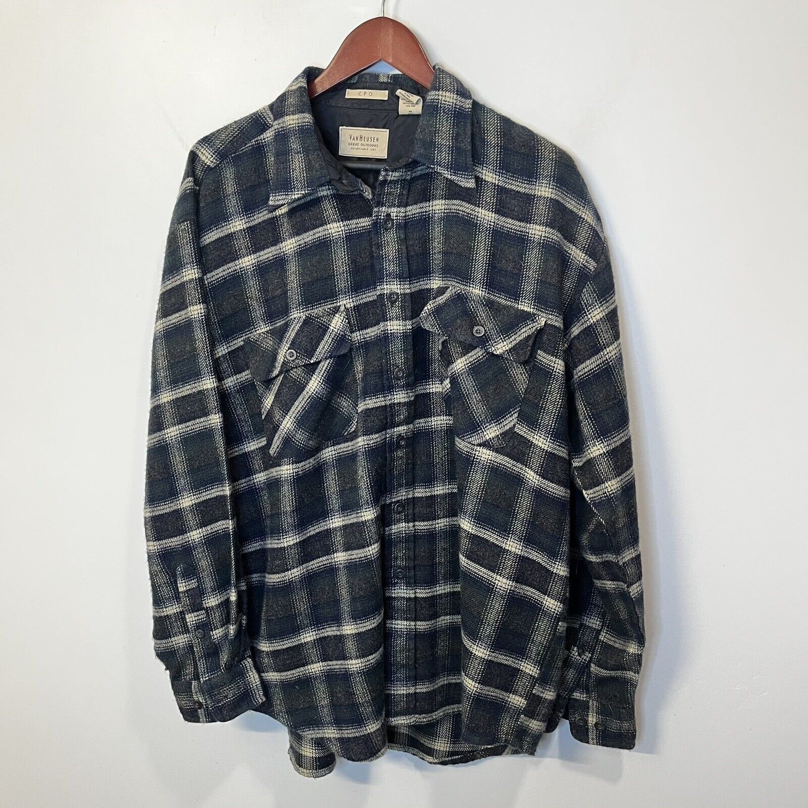 vintage 1940s teal plaid shirt Van Heusen Maggi button loop collar Mens S - M