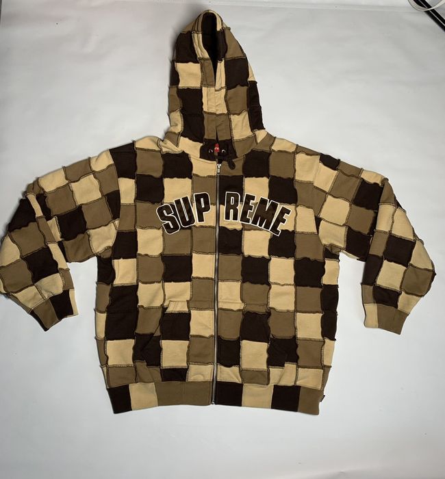 Supreme Reverse Patchwork Zip Up Hooded Sweatshirt Brown