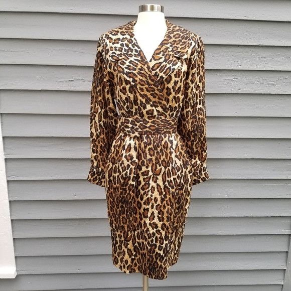 Vintage 80s Retro Pin Up Girl Animal Print Silk Midi Dress