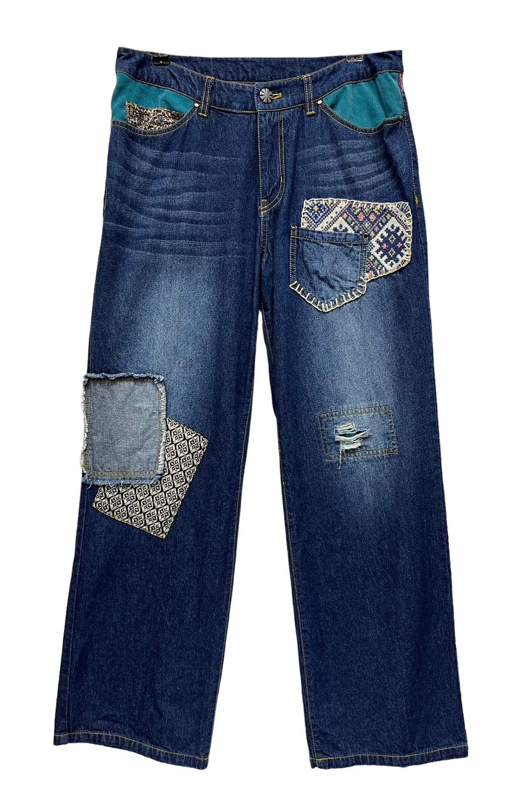 Japanese Brand 🔥DOPE💥TITICACA Hippie Stripes Patchwork Baggy Fit Denim Size 31" - 1 Thumbnail