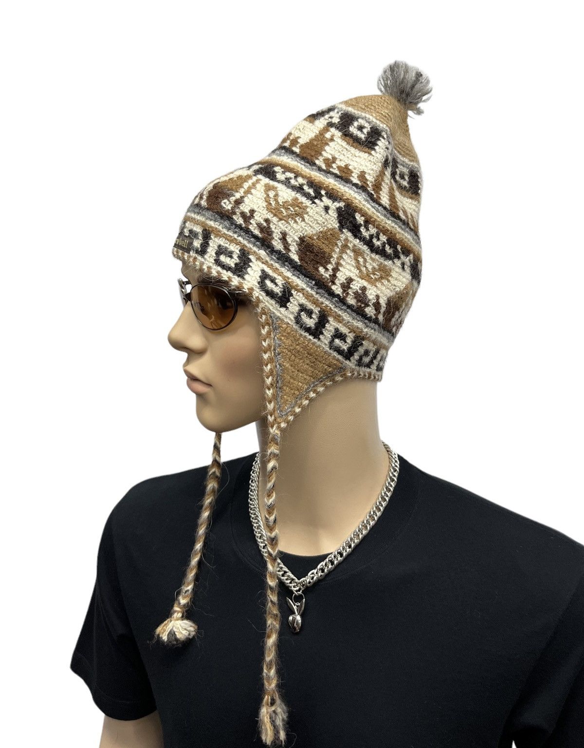 image of Aran Isles Knitwear x Montbell Fye90’S Montbell Knitted Wool Animal Art Ear Flap Beanie in Brown