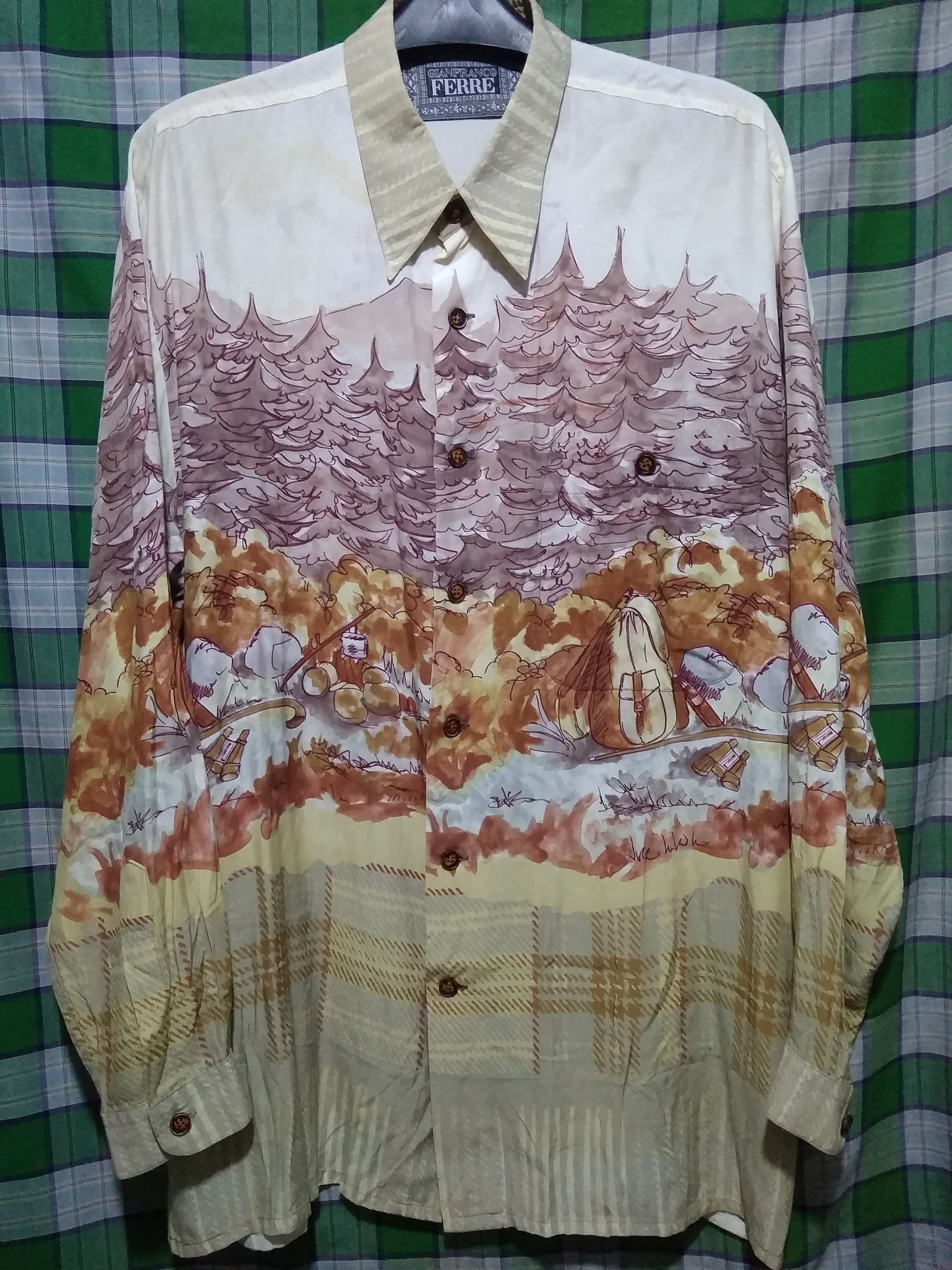 image of Gianfranco Ferre Allover Print Rayon Long Sleeve Shirts, Men's (Size Large)