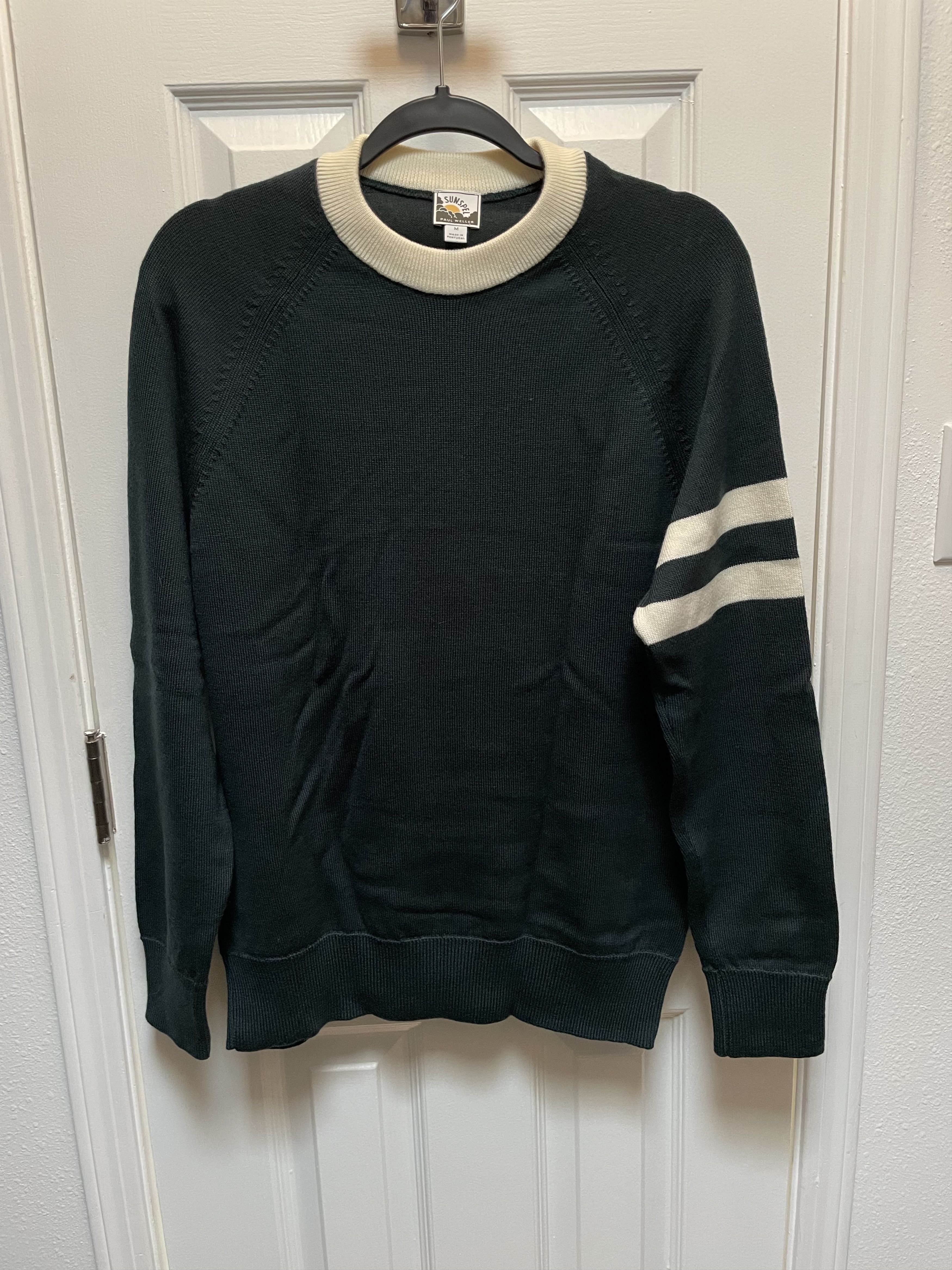 image of Sunspel Merino College Jumper in Bottle Green/Ecru, Men's (Size Medium)