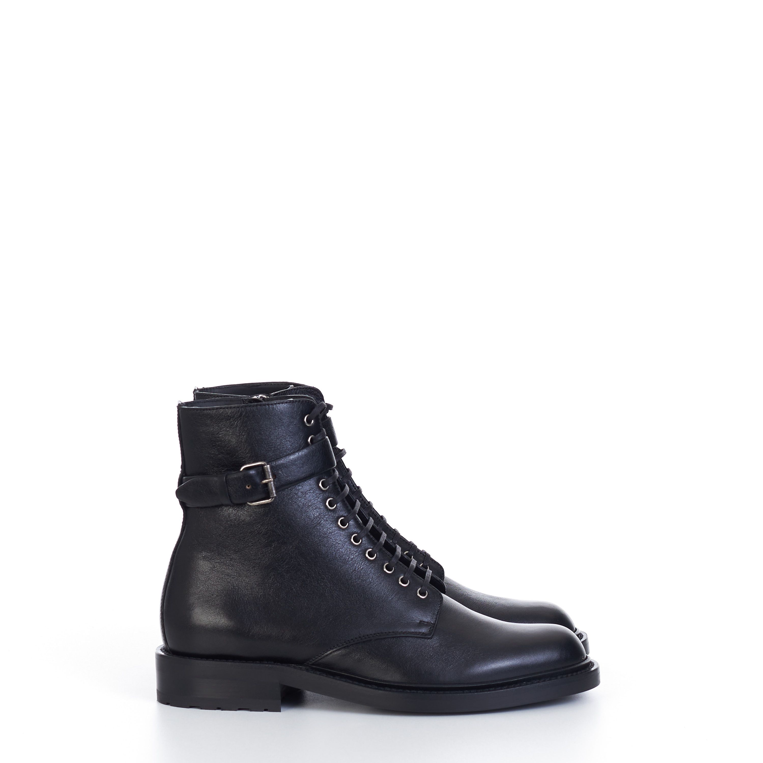 Army Boots With Strap In Black Smooth Leather