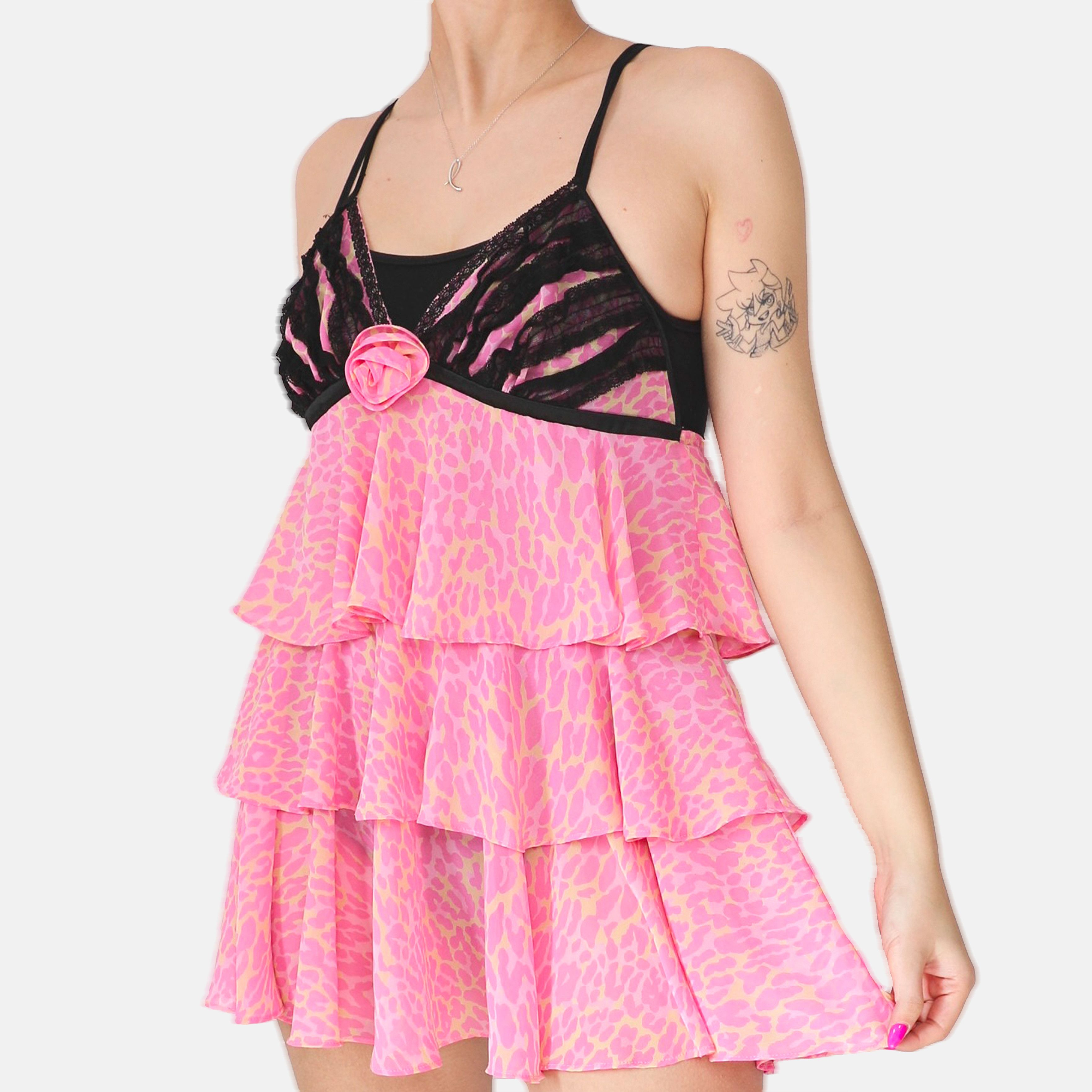 Vintage BETSEY JOHNSON CHEETAH PRINT PINK SLIP MESH RUFFLE