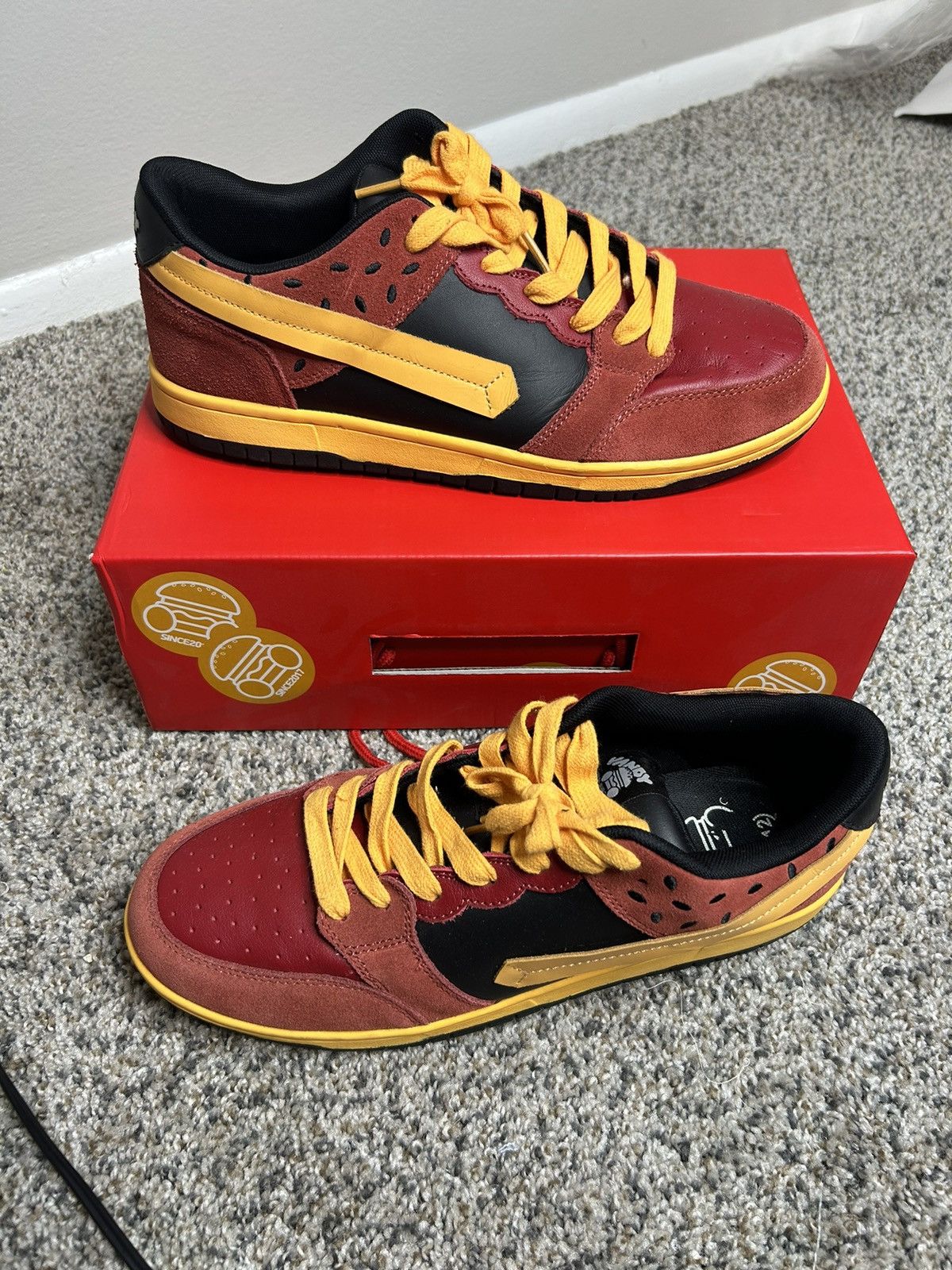 image of Vandy The Pink Og Burger Dunks Shoes in Red/Yellow/Black, Men's (Size 12)
