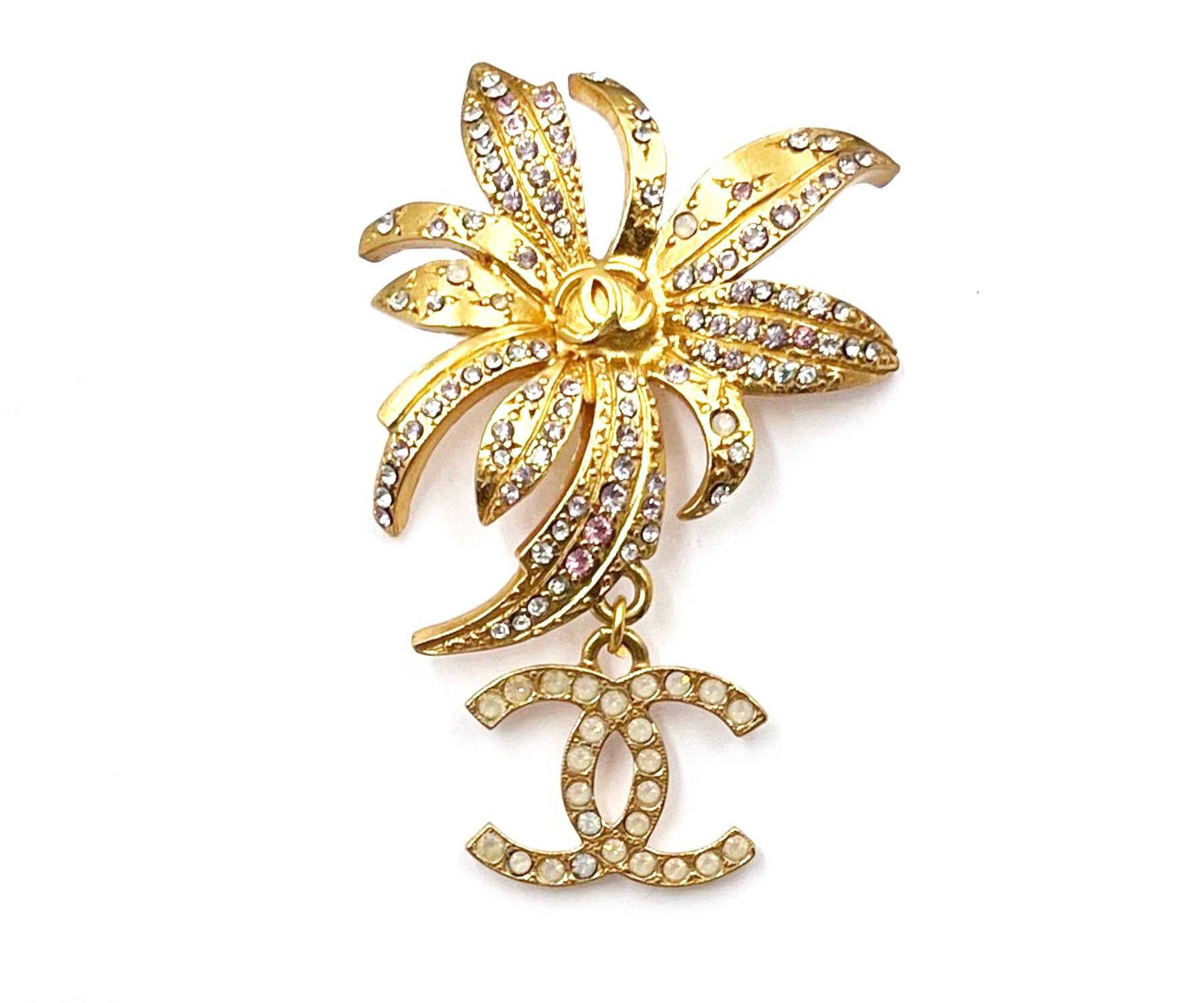 Chanel Vintage Gold Plated Flower CC Dangle Crystal Pin