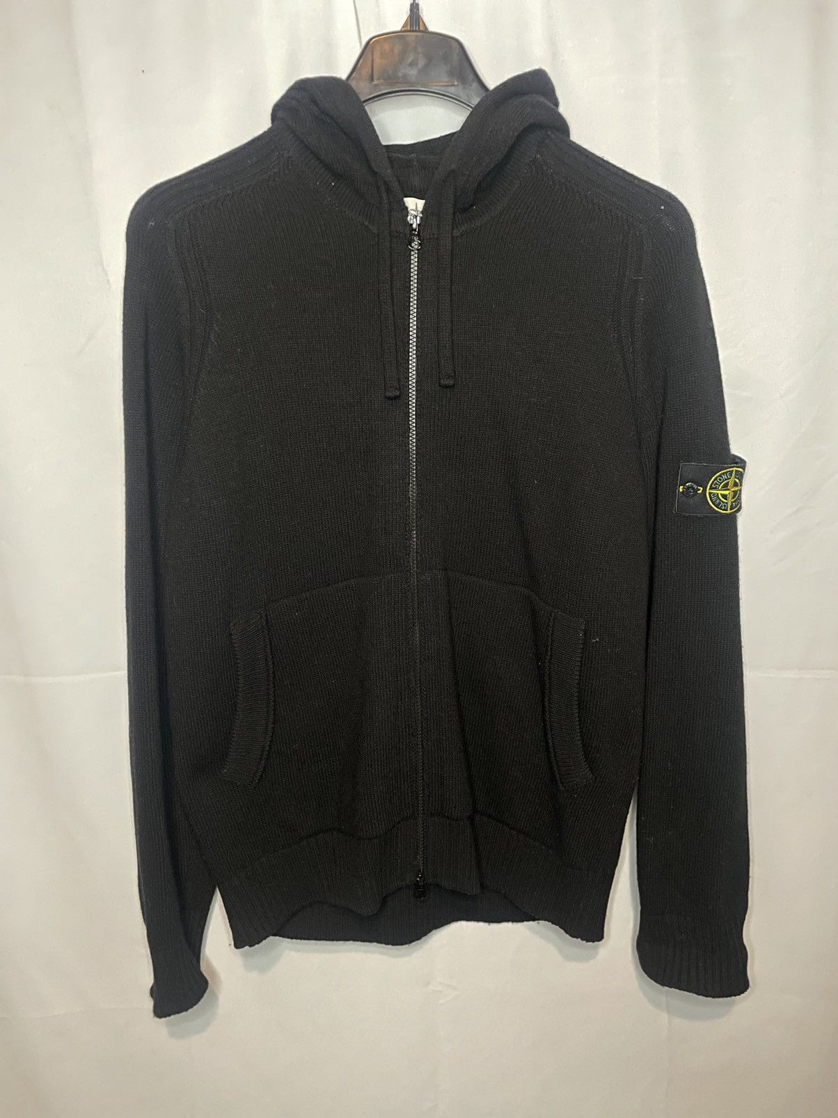 image of Stone Island Wool Zip Hoodie in Black, Men's (Size Large)