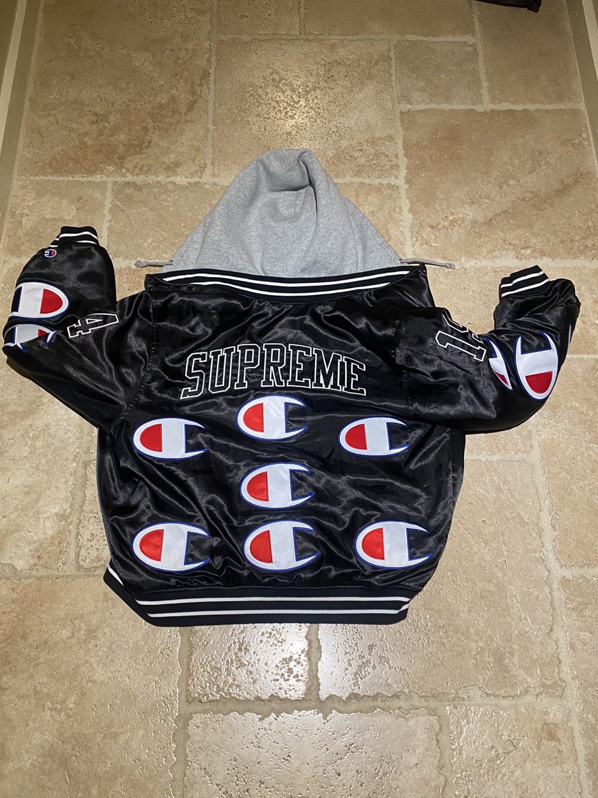 Buy Supreme x Champion Hooded Satin Varsity Jacket 'Black