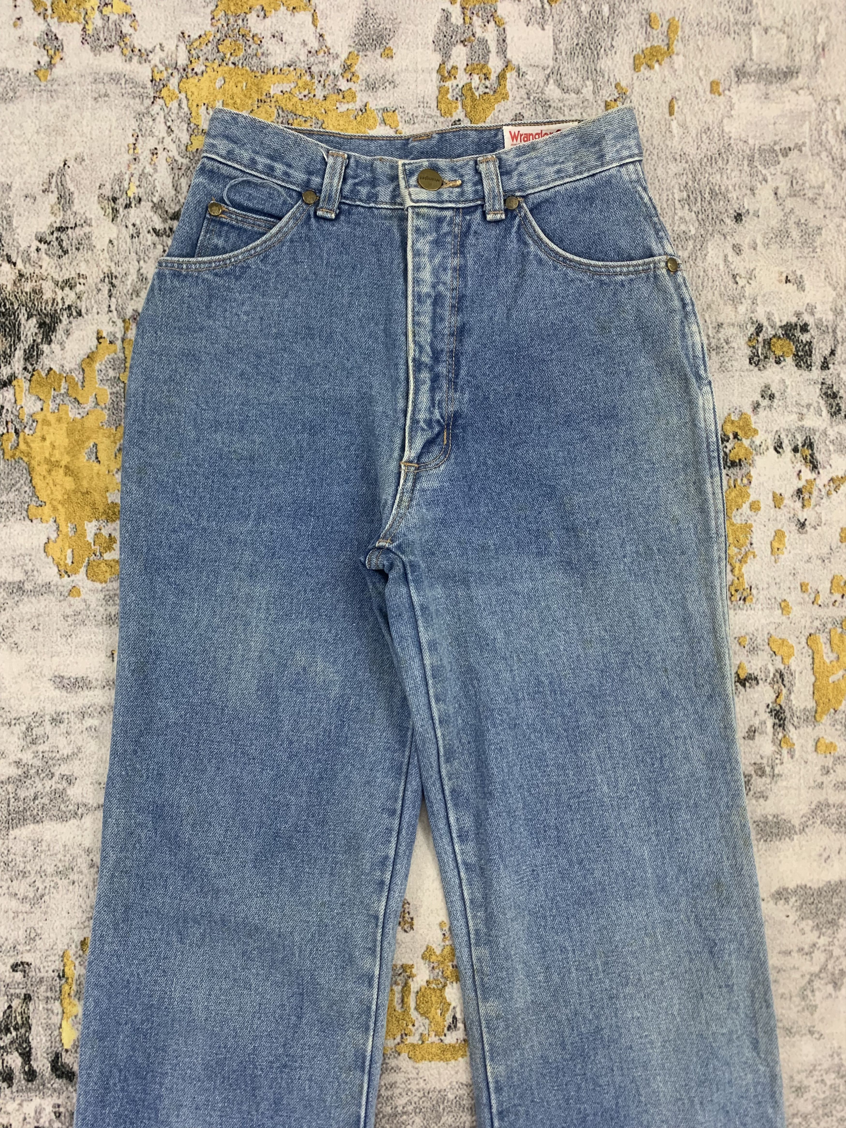 Vintage Tiny Waist Jeans Wrangler Blue Denim High Waist Loose Fit Size 23" - 2 Thumbnail