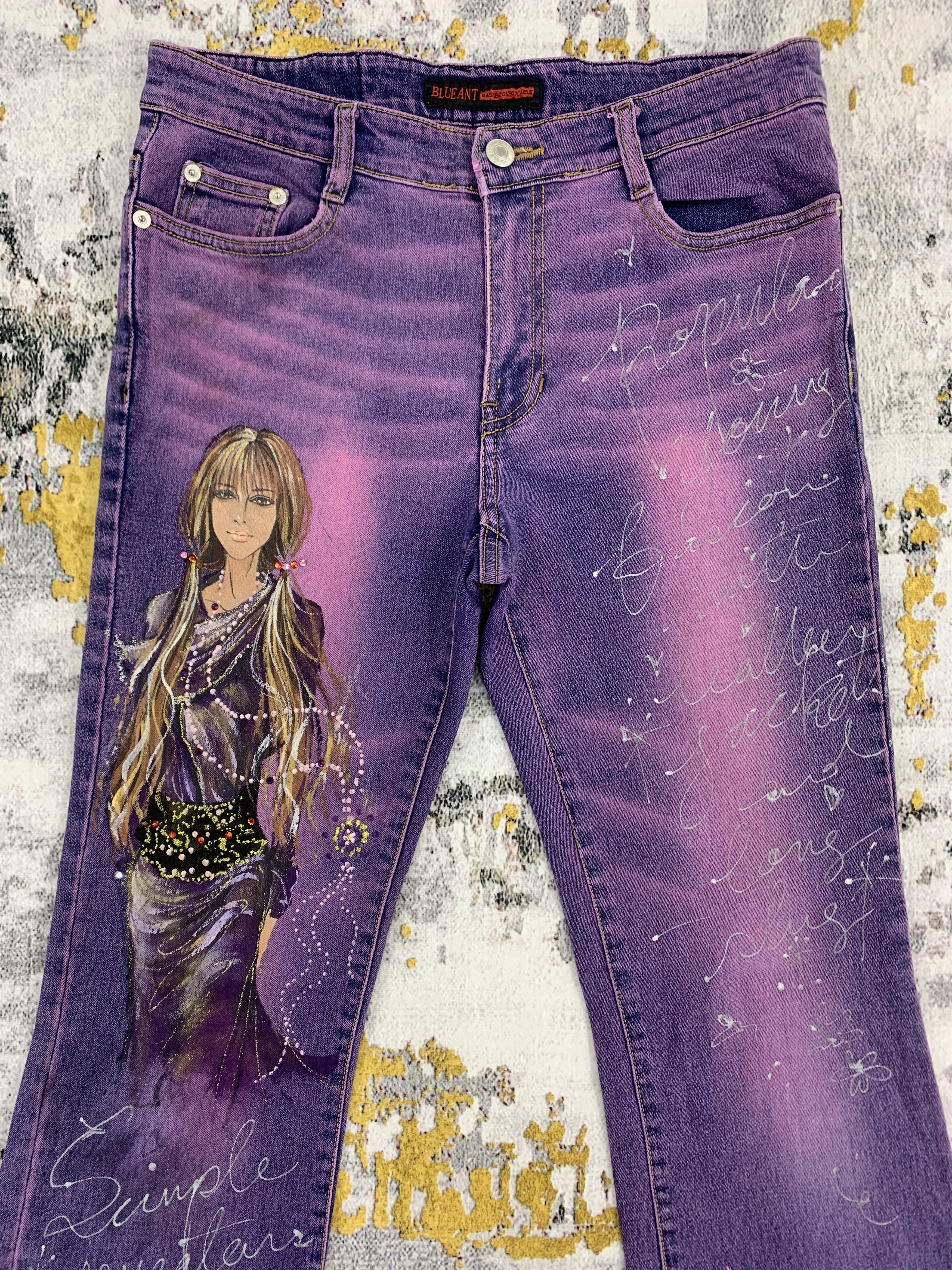 Japanese Brand Violet Blueant Jeans Bootcut Flared Denim Girl Printed Size 29" - 2 Thumbnail