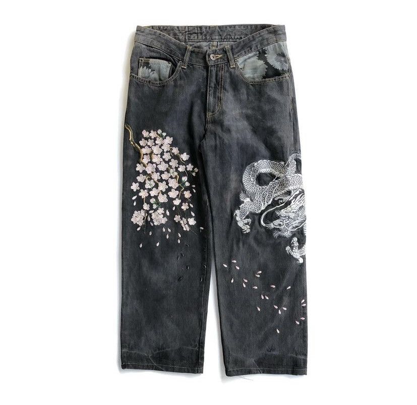 Japanese Rare design embroidery sakura dragon cargo pants