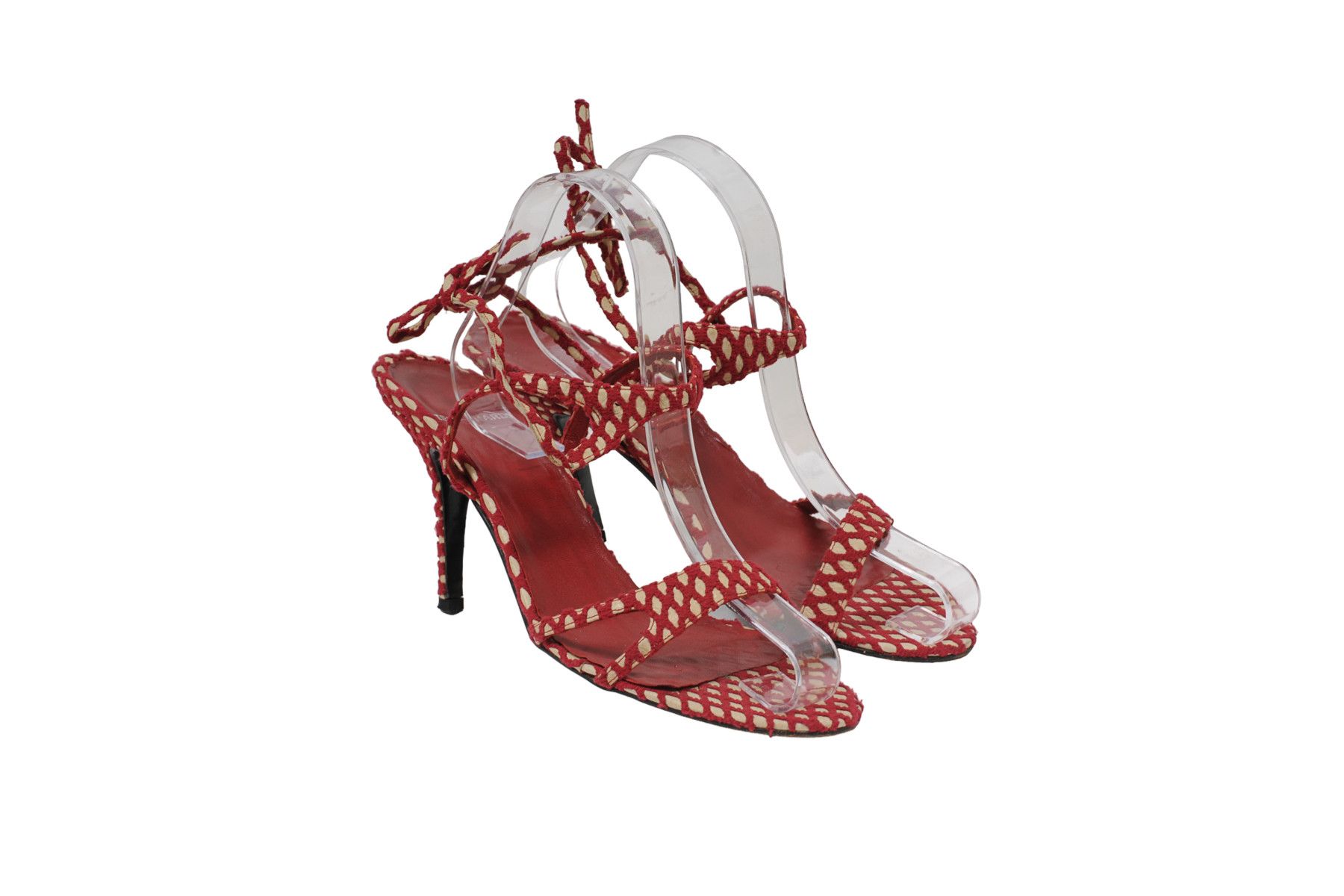 Red Tan Fishnet 90mm Strappy Sandals Heels, image size:1800x1200
