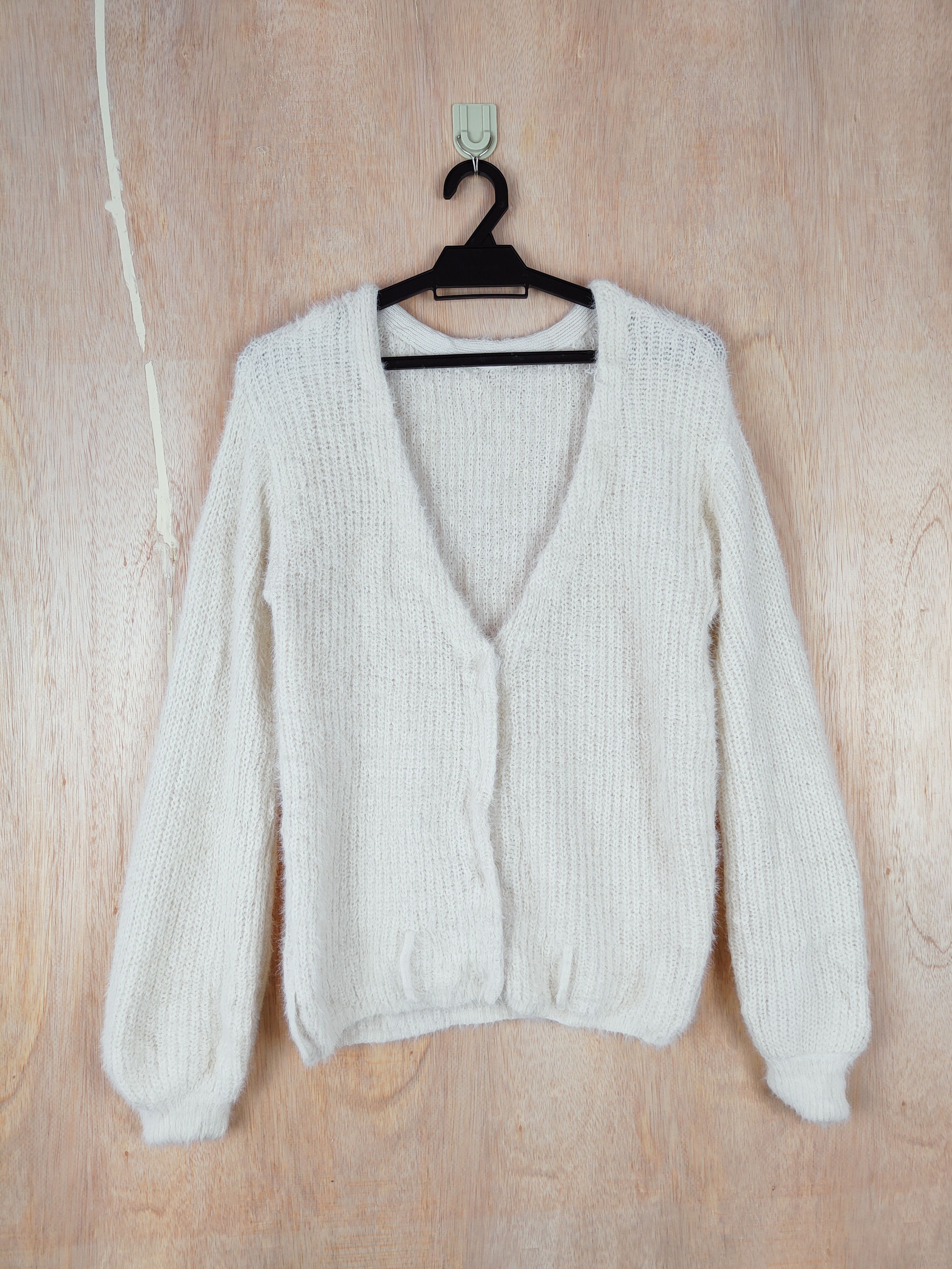image of Cardigan x Homespun Knitwear Spiral Girl White Shag Shaggy Fur Mohair Knitwear S281, Women's (Size 