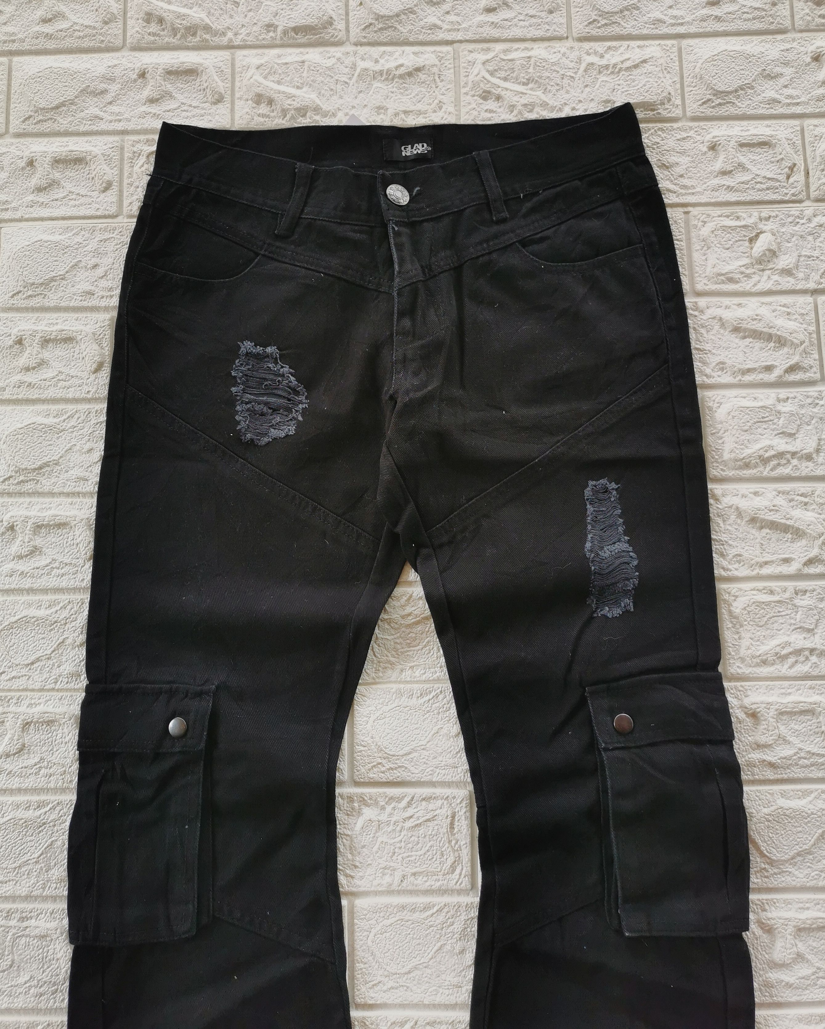 image of Distressed Denim x Hysteric Glamour Glad News Japan Distressed Bootcut Cargo Jeans in Black (Size 3