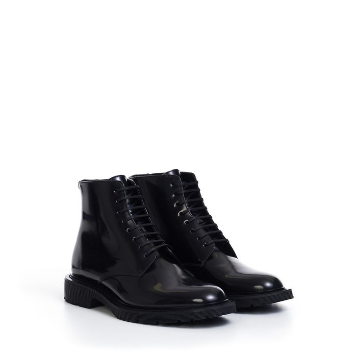 Saint Laurent Paris Lace-Up Army Boots In Shiny Black Leather