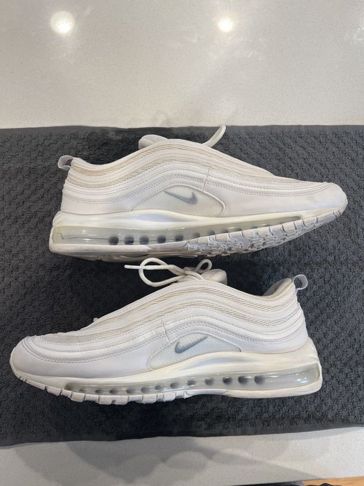 triple white air max 97 on feet
