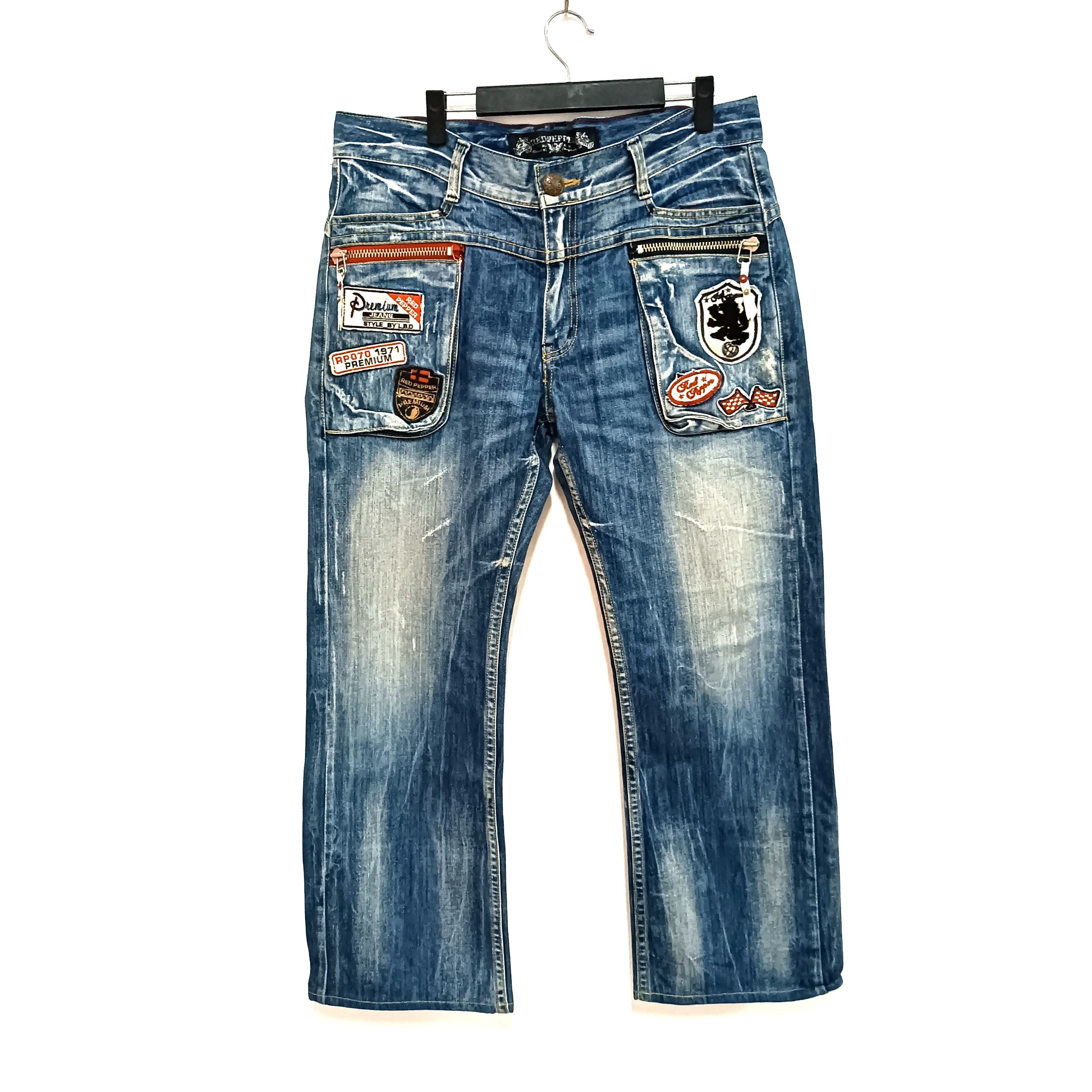 image of Hysteric Glamour Red Pepper Patchwork Bush Pants Buckle Back Jeans in Blue, Men's (Size 36)