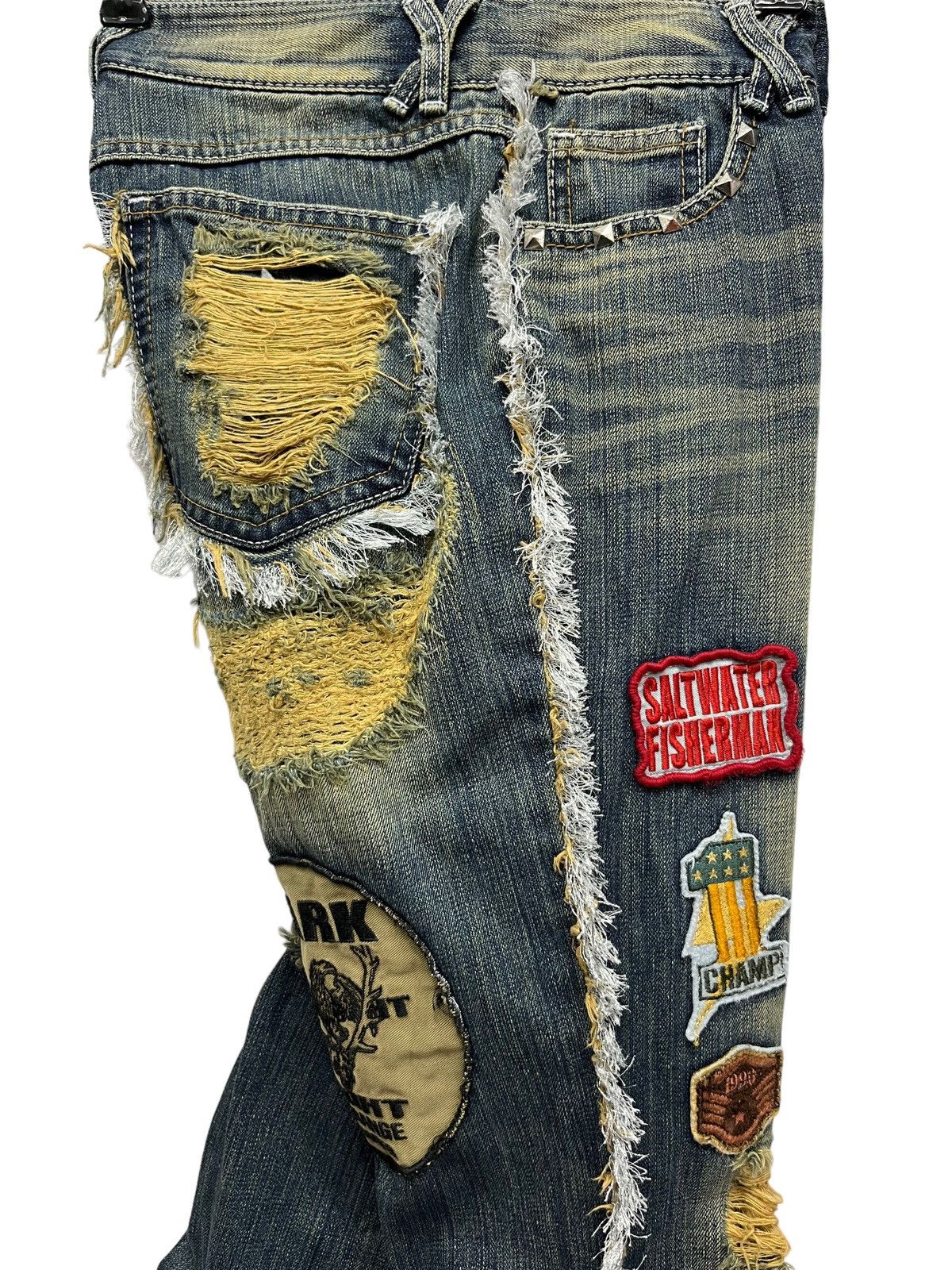 Japanese Brand 🔥LUSC Mudmax Frayed Ripped Patches Flare Women's Denim Size US 28 / EU 44 - 2 Thumbnail