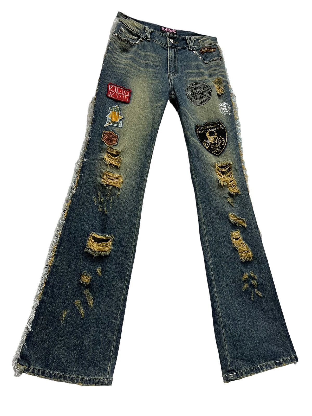Japanese Brand 🔥LUSC Mudmax Frayed Ripped Patches Flare Women's Denim Size US 28 / EU 44 - 7 Thumbnail