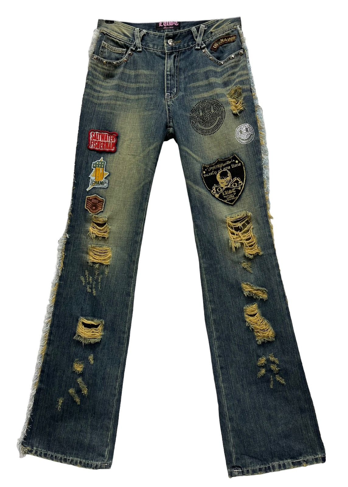Japanese Brand 🔥LUSC Mudmax Frayed Ripped Patches Flare Women's Denim Size US 28 / EU 44 - 8 Thumbnail