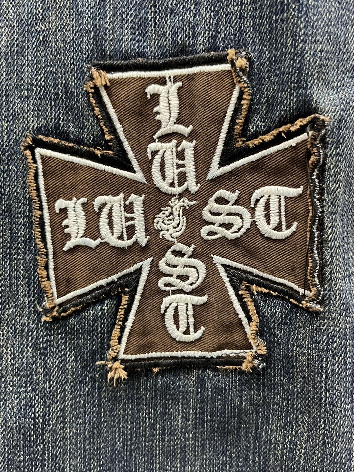 Japanese Brand 🔥LUSC Mudmax Frayed Ripped Patches Flare Women's Denim Size US 28 / EU 44 - 20 Thumbnail