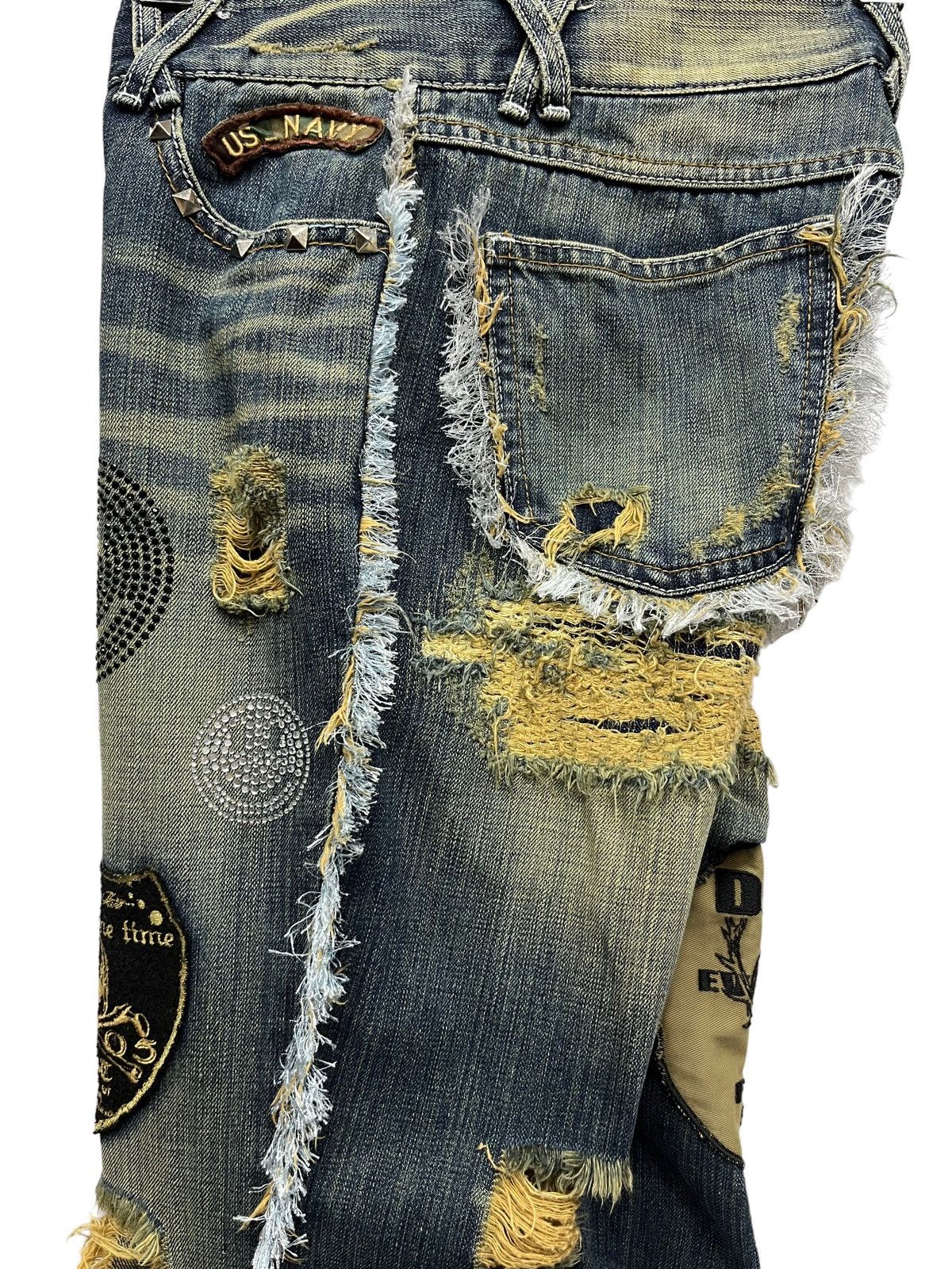 Japanese Brand 🔥LUSC Mudmax Frayed Ripped Patches Flare Women's Denim Size US 28 / EU 44 - 4 Thumbnail