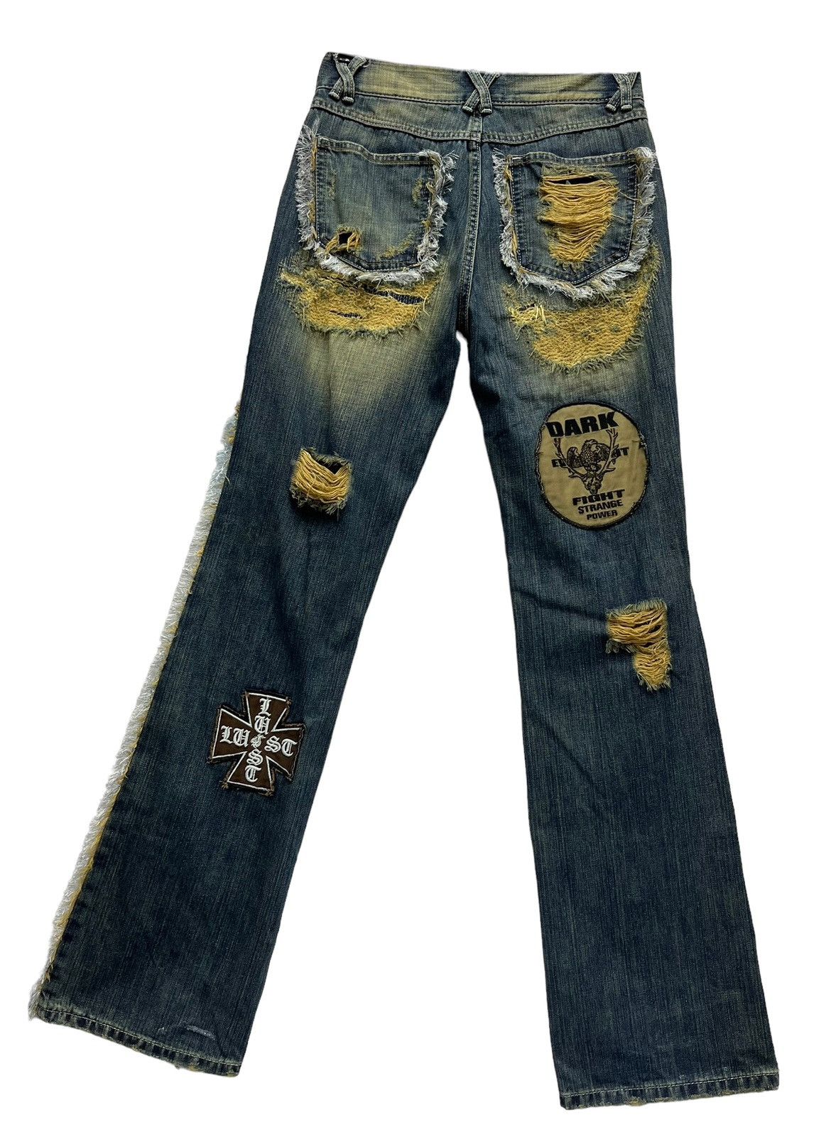 Japanese Brand 🔥LUSC Mudmax Frayed Ripped Patches Flare Women's Denim Size US 28 / EU 44 - 15 Thumbnail