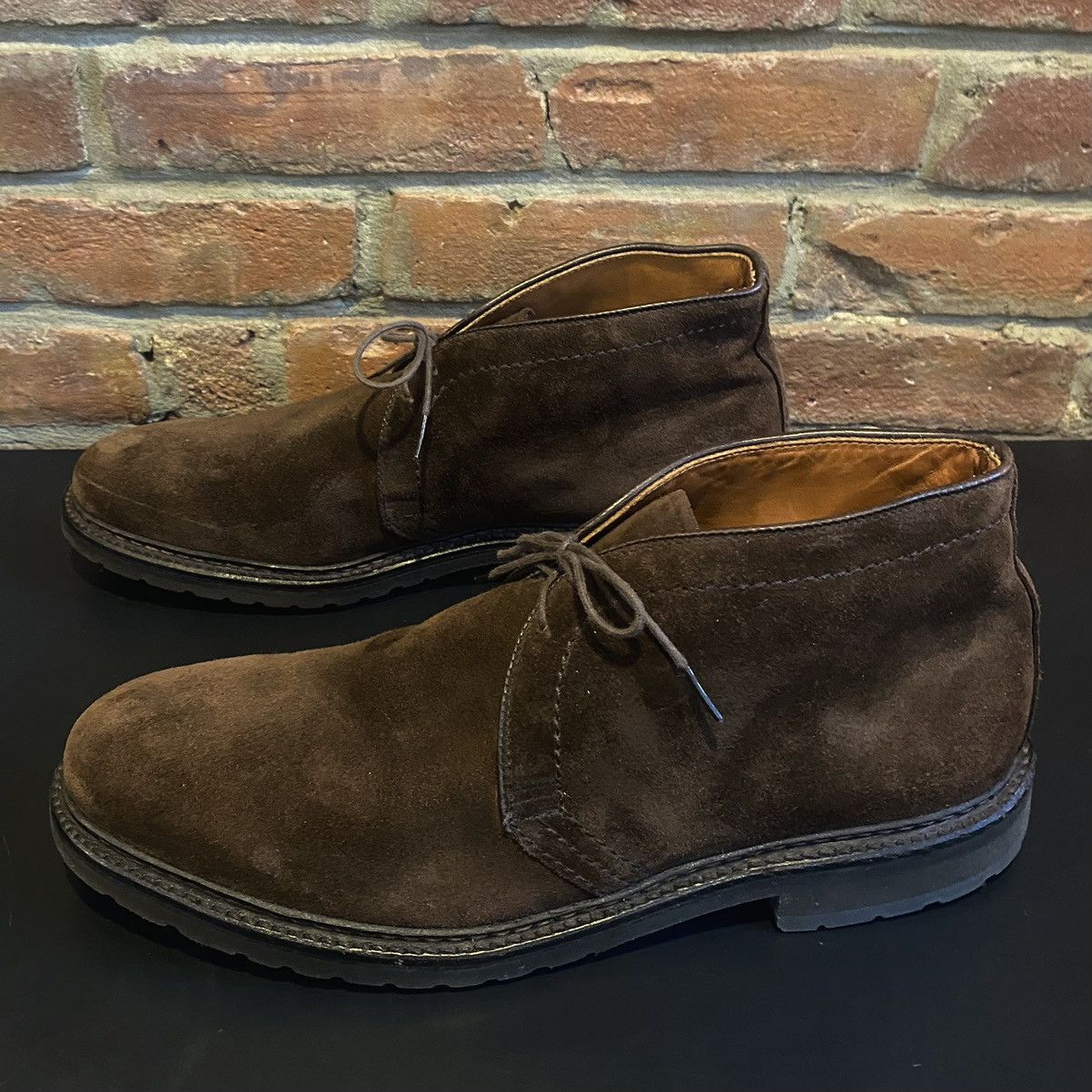 Alden Chocolate Dark Brown Suede Chukka Boots on lug sole