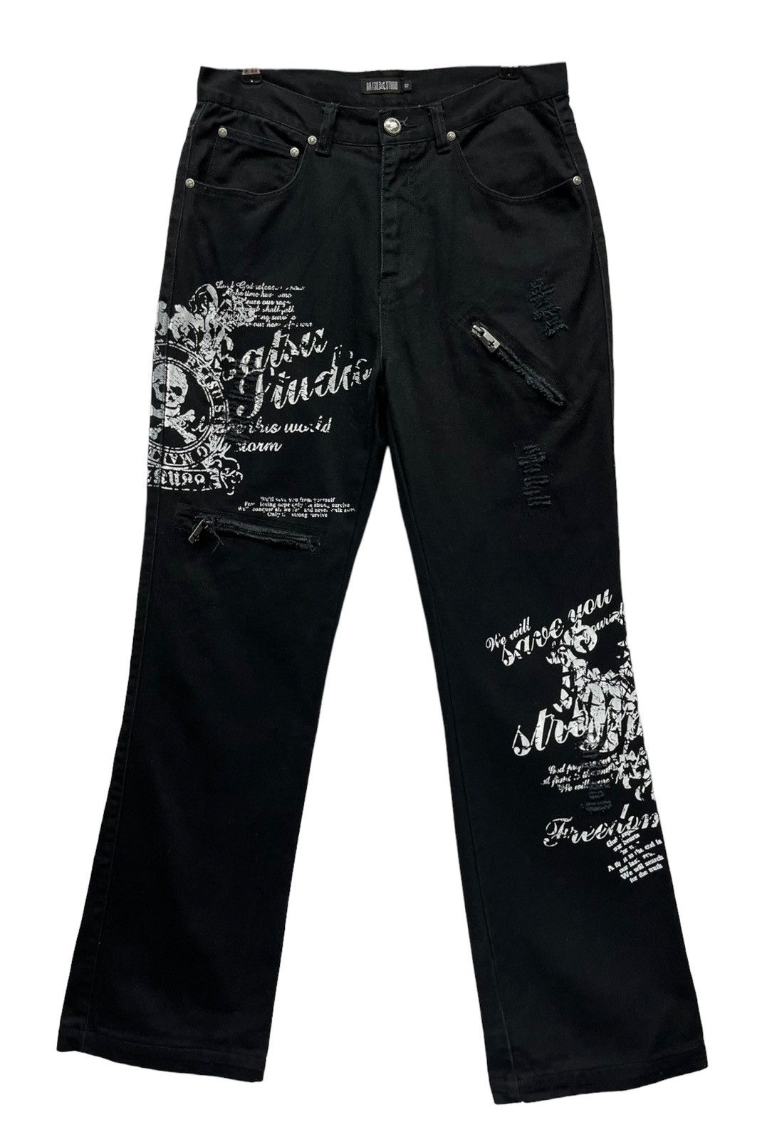 Japanese Brand ☠️BAT-SU STUDIO Goth Punk Skull Distressed High Waist Denim Size US 31 - 2 Thumbnail