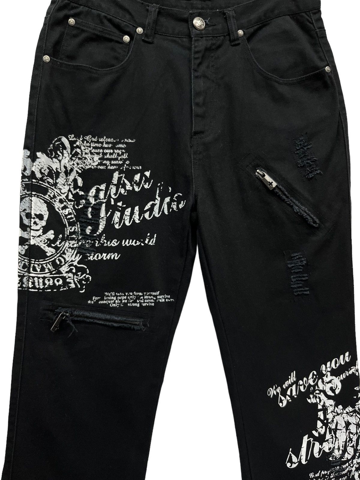 Japanese Brand ☠️BAT-SU STUDIO Goth Punk Skull Distressed High Waist Denim Size US 31 - 3 Thumbnail